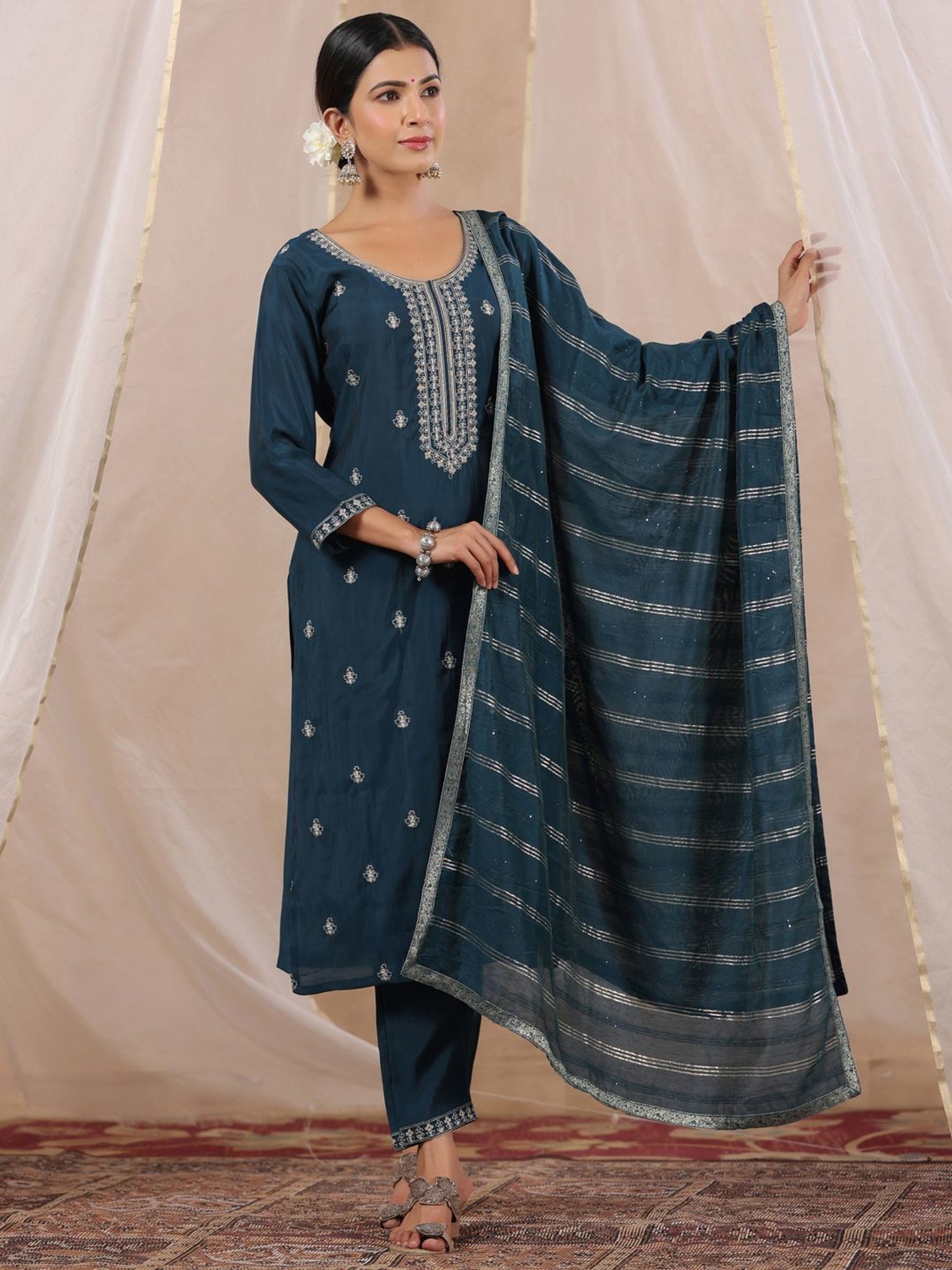 Ishin Blue Embroidered Kurta Pant Set With Dupatta