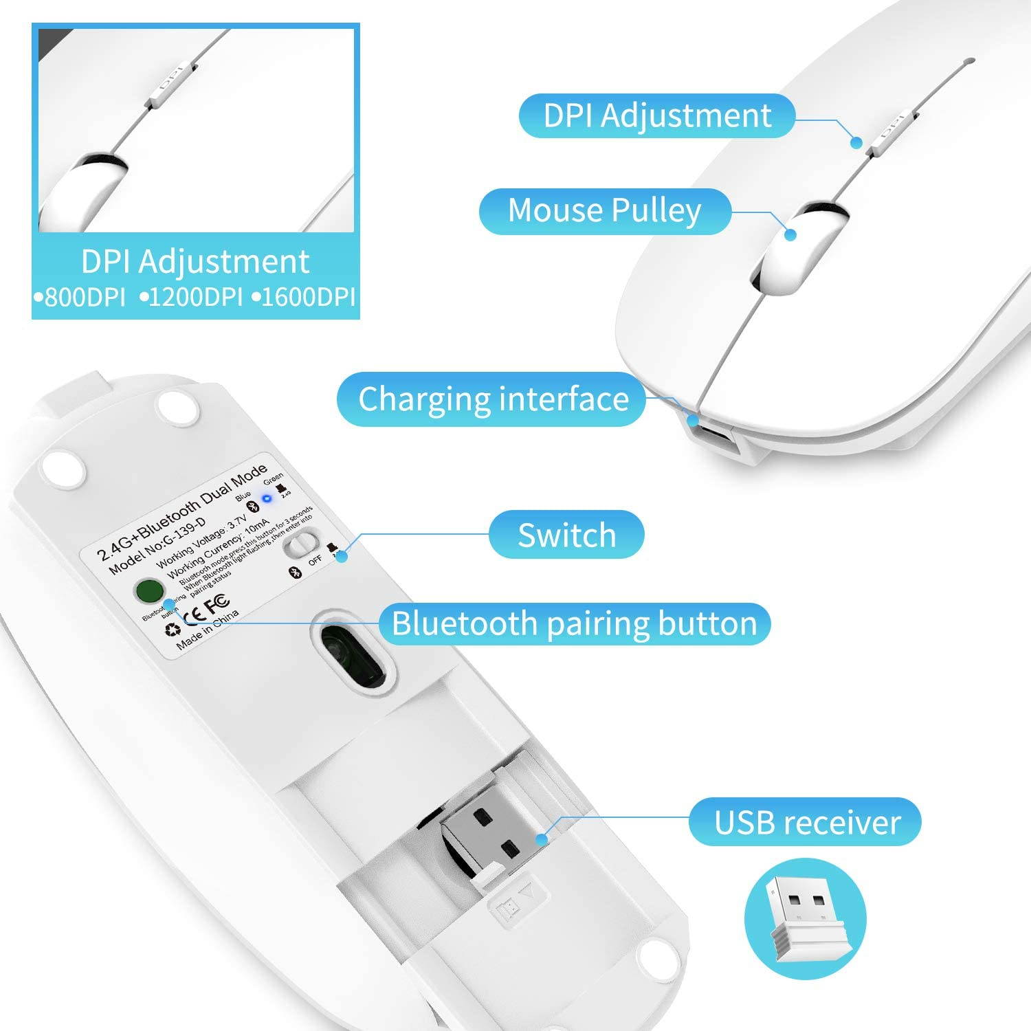 2.4GHz Wireless Bluetooth Mouse, 3 Adjustable DPI, Dual Mode Slim Rechargeable Wireless Mouse Silent USB Mice,Compatible for Laptop Windows Mac Android MAC PC Computer (Silver)