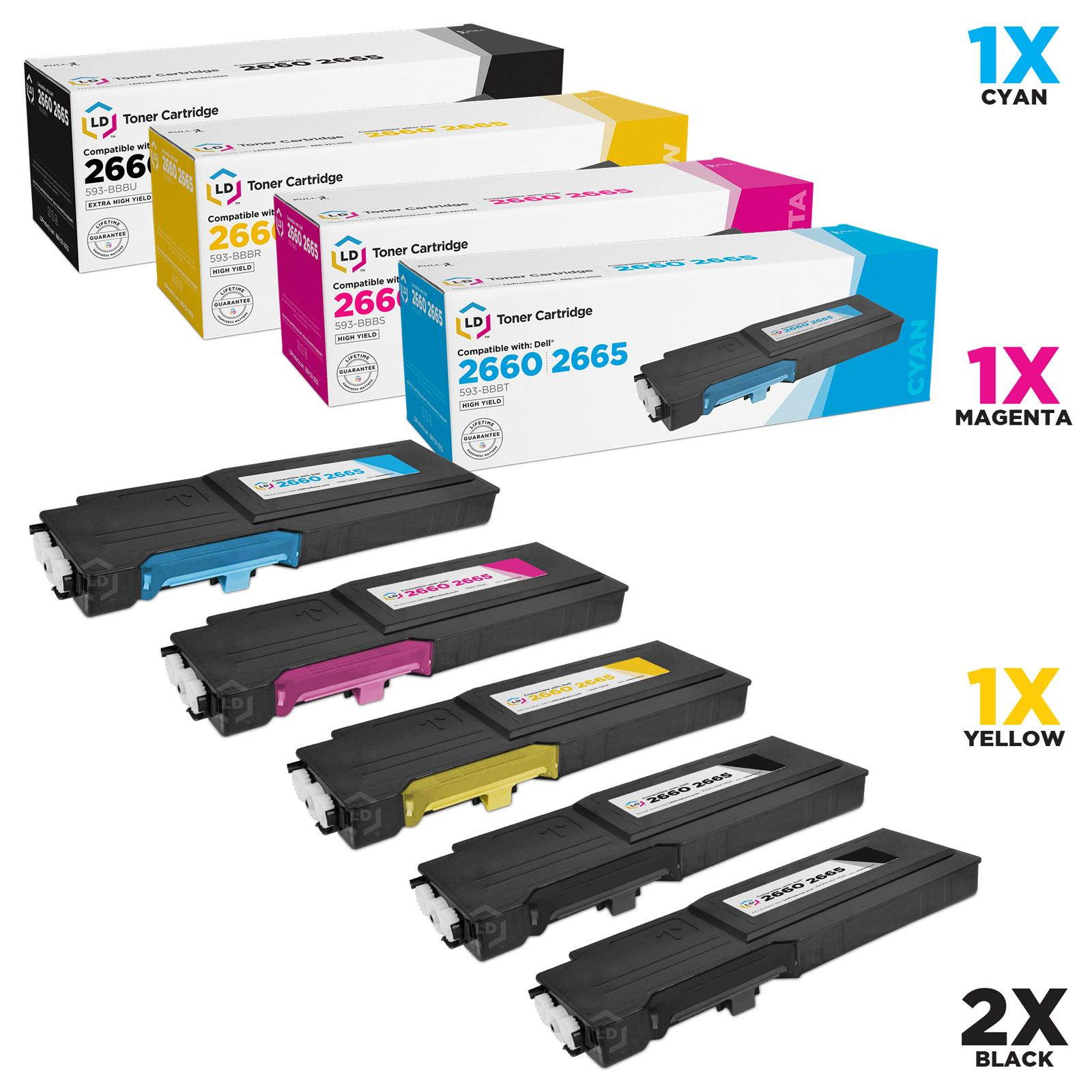 LD &copy; Dell Compatible C2660/C2665dnf Set of 5 High Yield Toner Cartridges Includes: 2 593-BBBU Black, 1 593-BBBT Cyan, 1 593-BBBS Magenta, and 1 593-BBBR Yellow