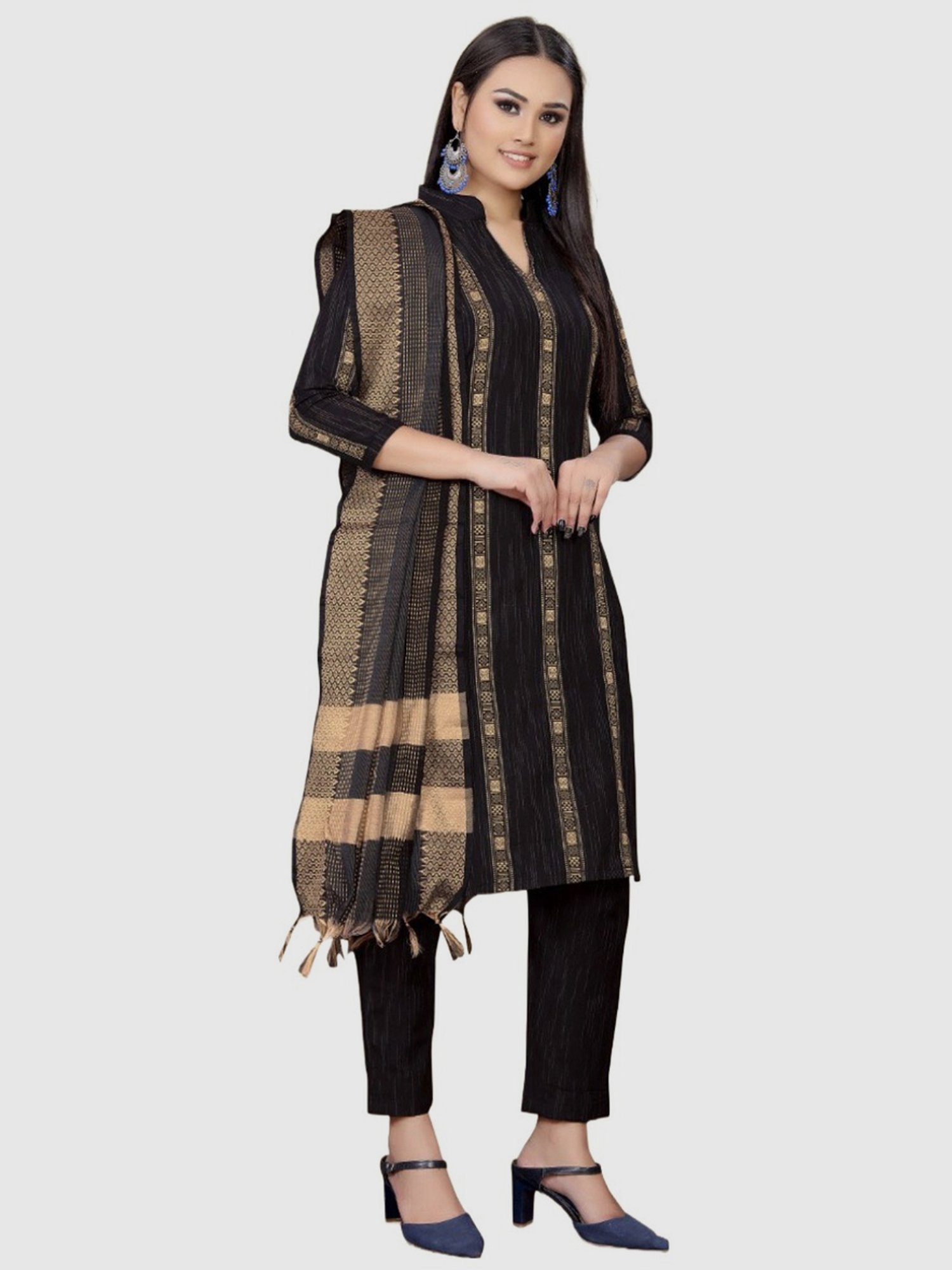 APNISHA Black Cotton Woven Pattern Unstitched Dress Material