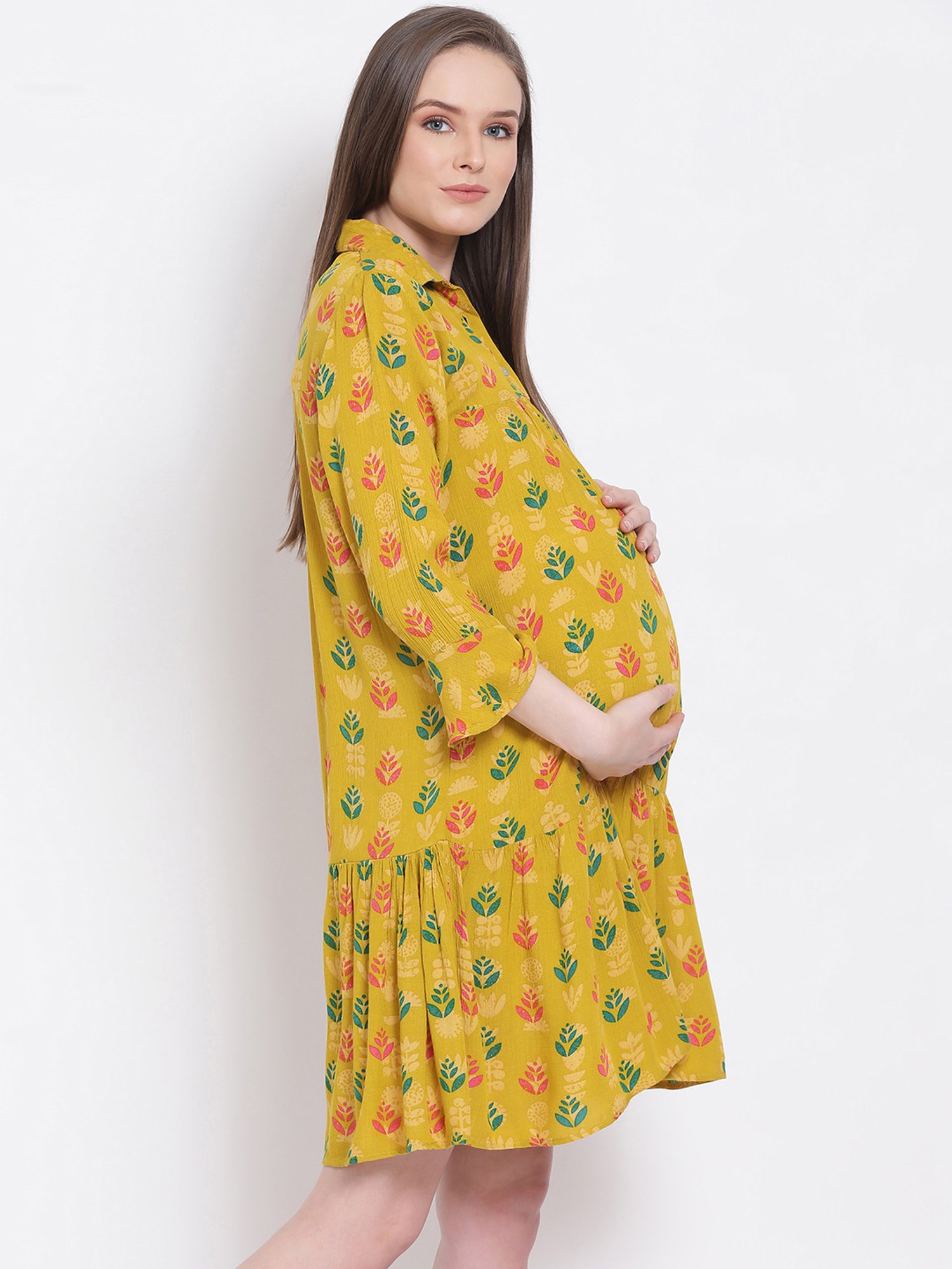 Oxolloxo Mustard Printed Maternity Dress
