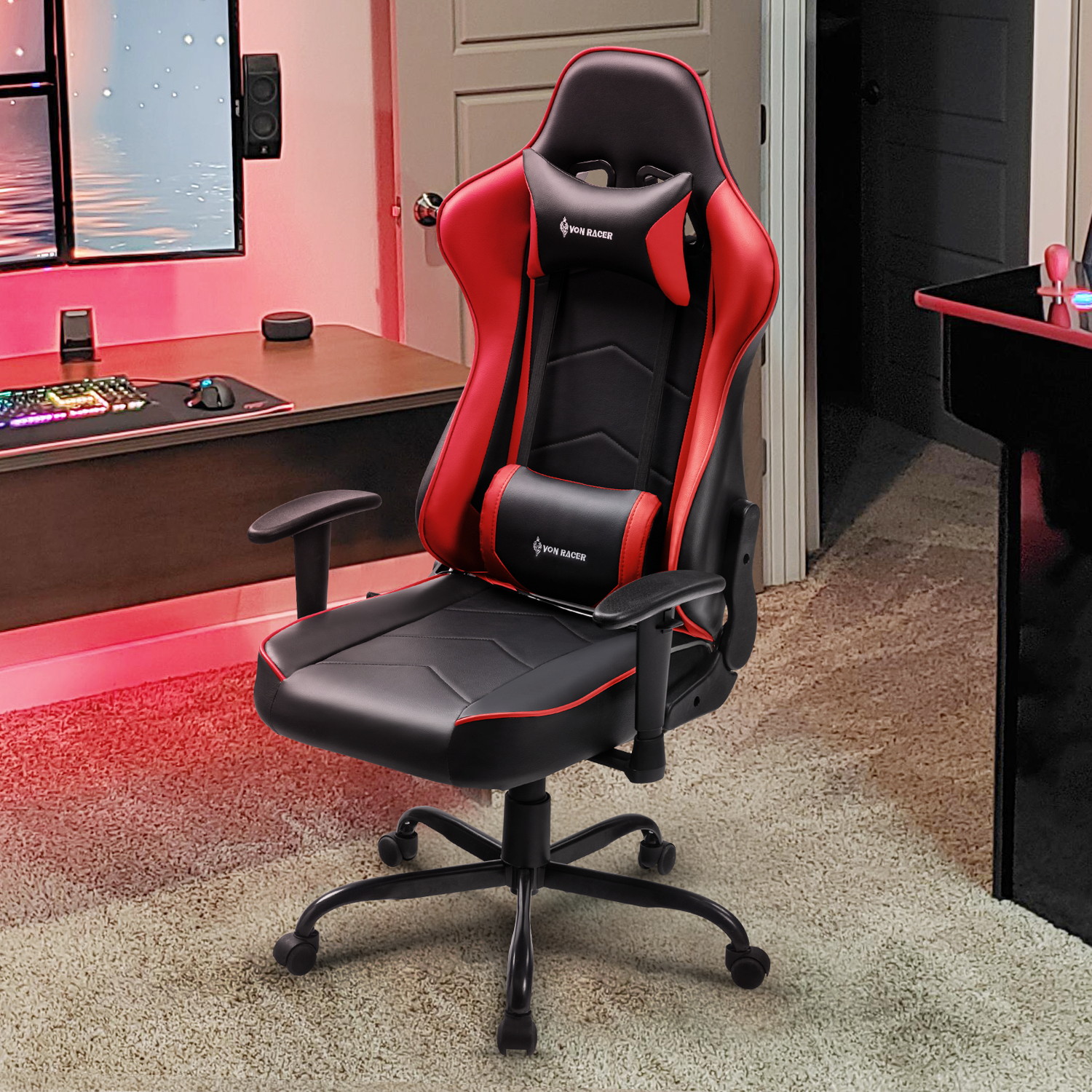 Gaming Chair, Racing Style Computer Desk Chair Padded Armrests Ergonomic Lumbar Support Adjustable Height