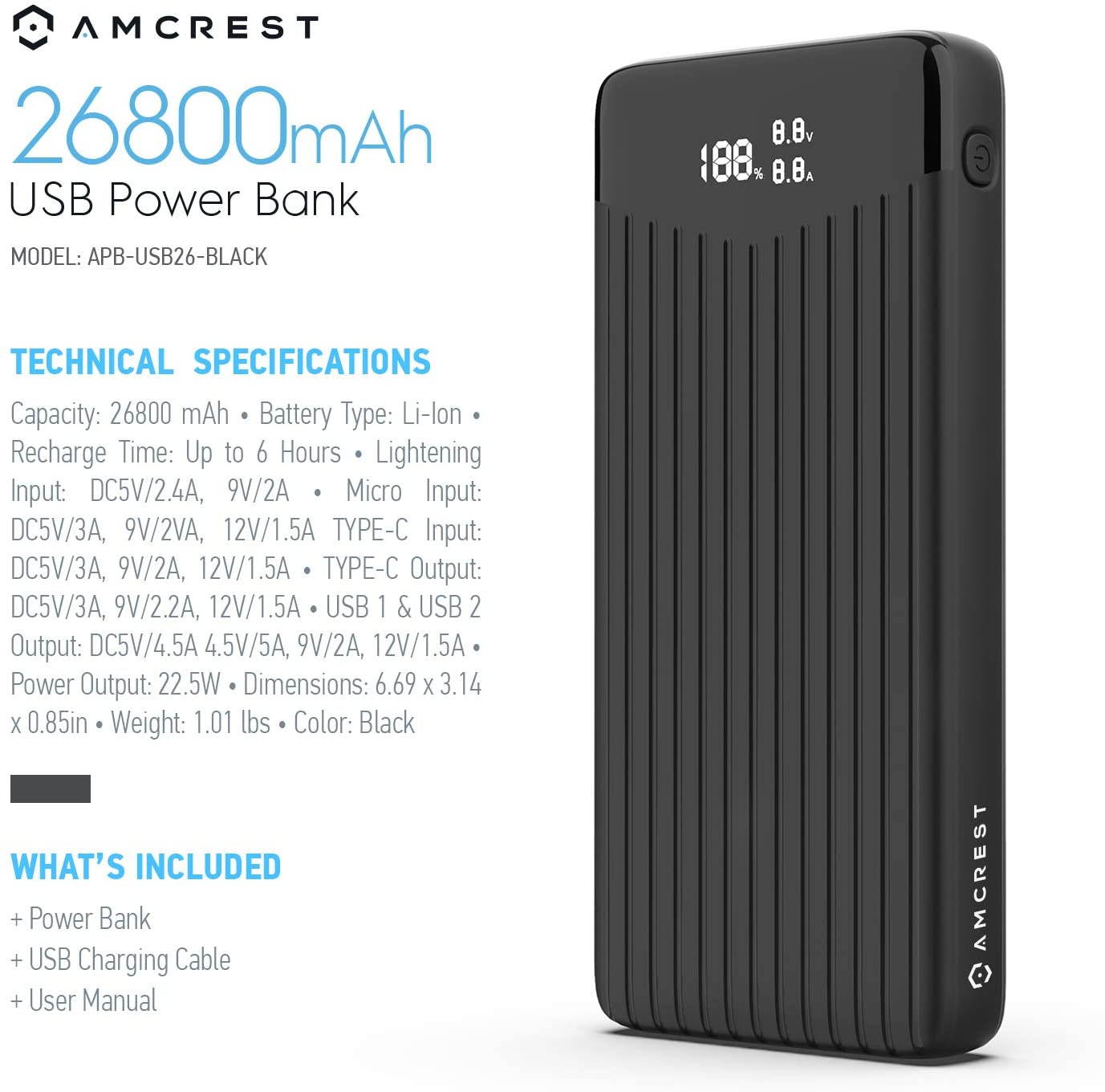 Amcrest USB C Power Bank, 26800mAh Portable Charger USB C, Power Bank Fast Charging 22W PD 3.0, Type C Battery Bank Powerbank with LED Display for Android & iOS Smartphone Devices, and More