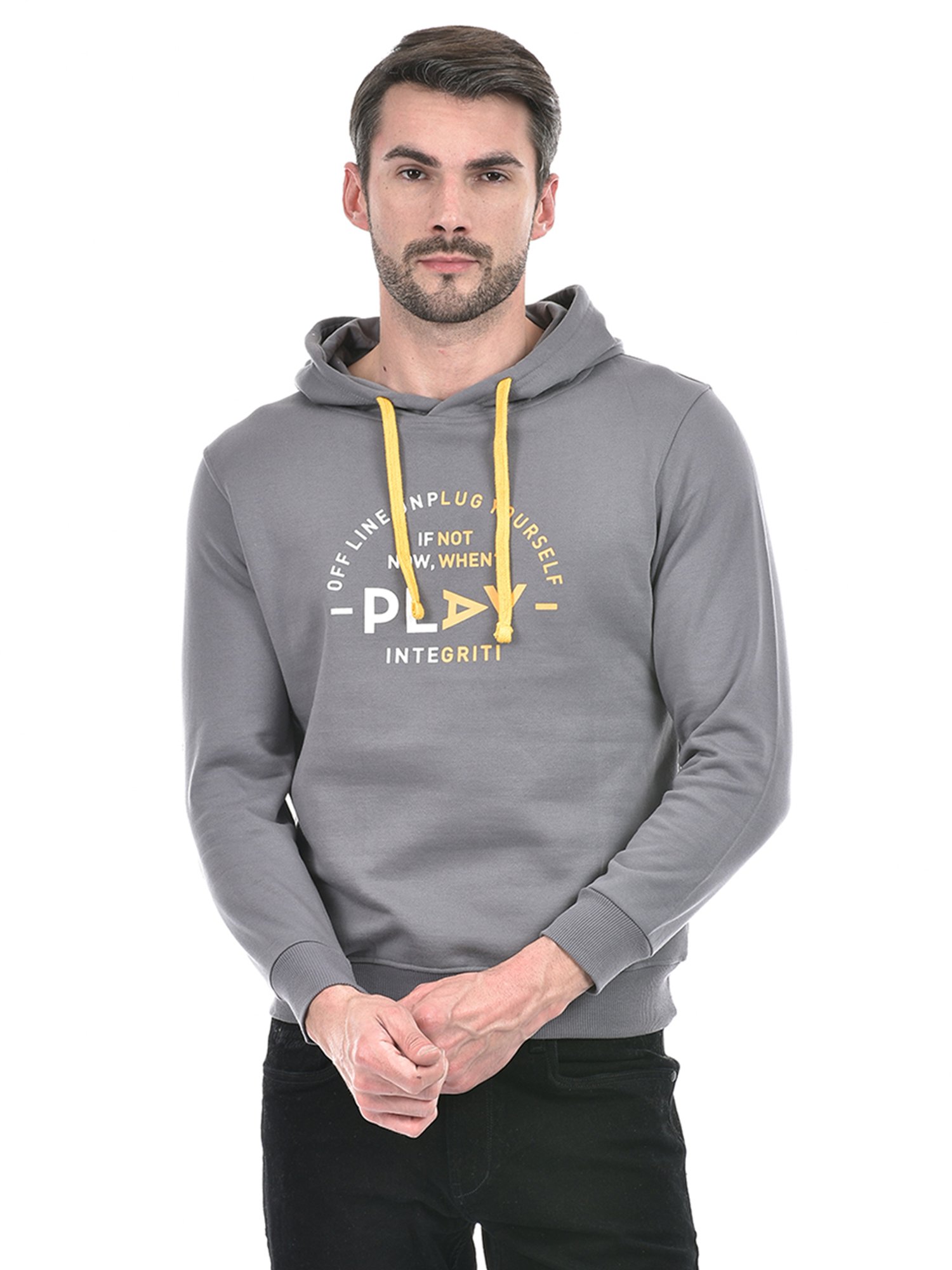 Integriti Grey Regular Fit Printed Hooded Sweatshirt