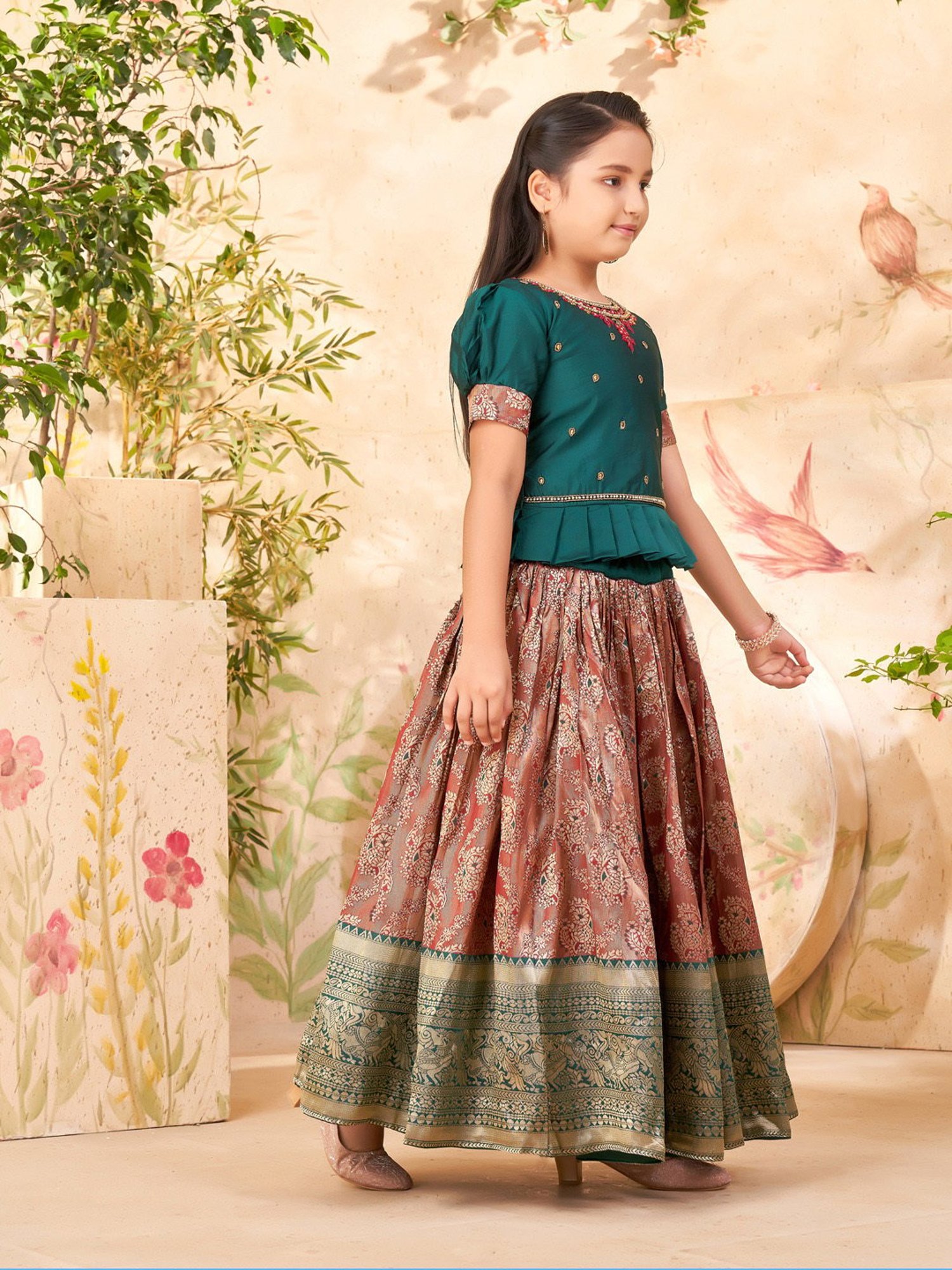 A Little Fable Kids Blue Printed Lehenga with Choli & Dupatta