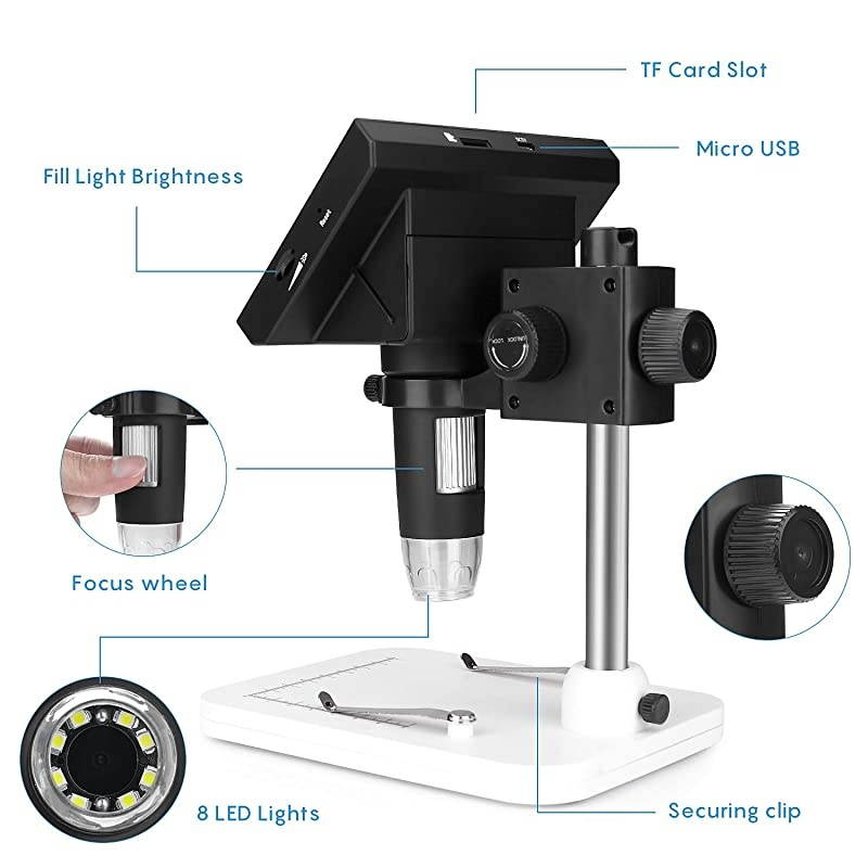 USB Microscope 43 inch LCD 10X600X Magnification Microscope8 LED Adjustable LightRechargeable Lithium Battery for Phone Repair Soldering Tool Jewelry Appraisal Biologic Use