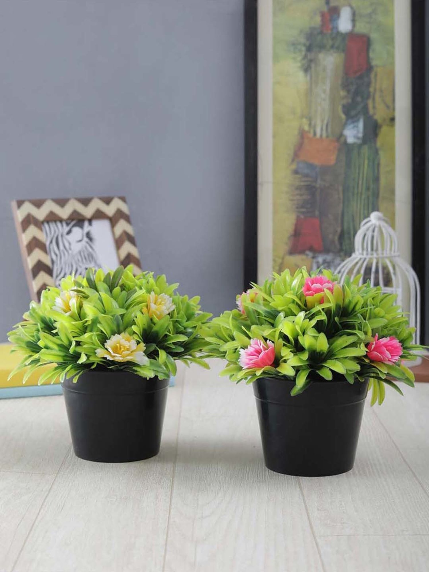 Foliyaj Pink & Yellow Plastic Artificial Plants With Big Flowers - Set of 2