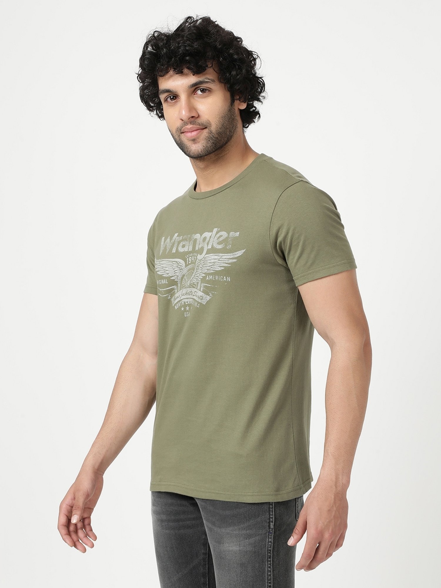 Wrangler Olive Cotton Regular Fit Printed T-Shirt