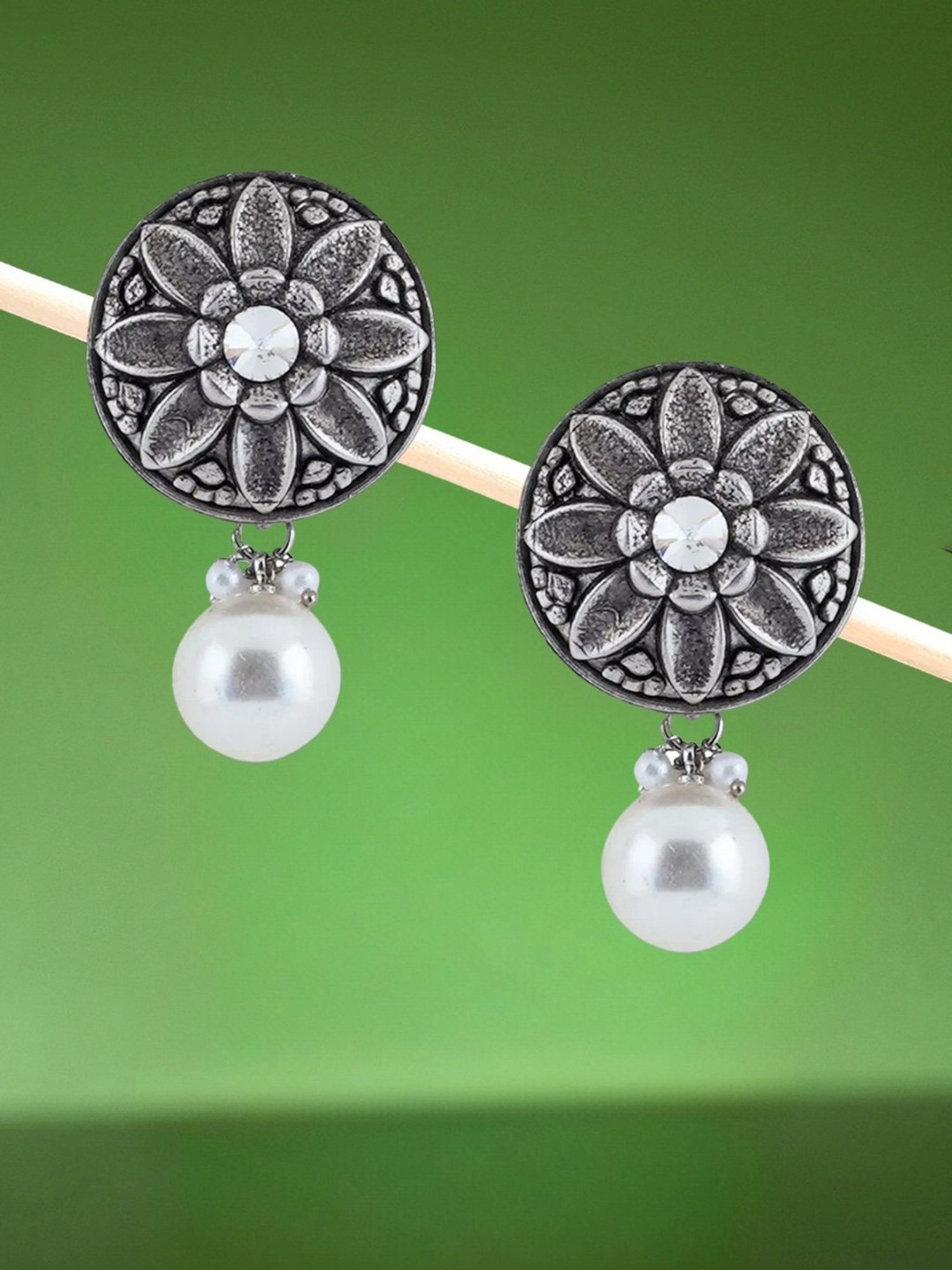 Oomph Jewellery Oxidized Silver Ethnic Silver Look Alike Round Shape with Pearls Drop Earrings