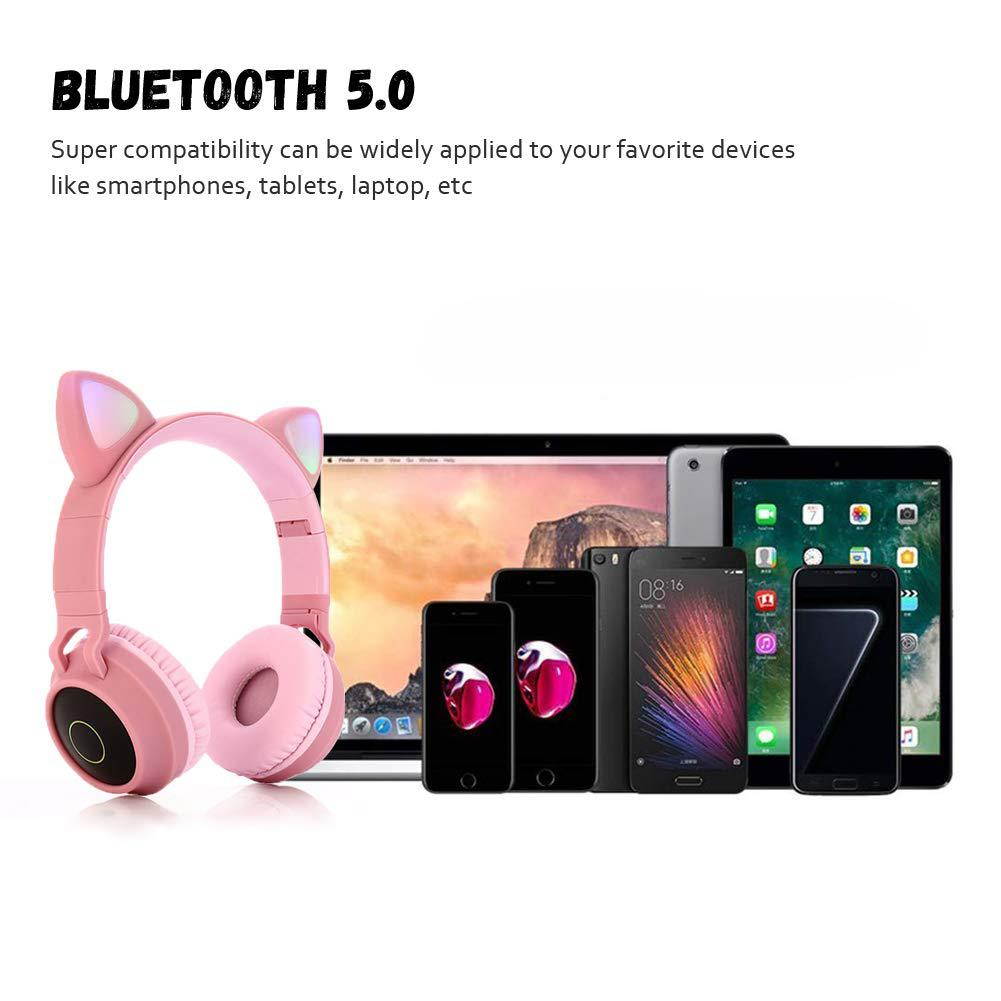 Cute Cat Ear Bluetooth 5.0 Headphones Foldable On-Ear Stereo Wireless Headset with Mic LED Light Support FM Radio/TF Card/Aux in for Smartphones PC Tablet  Pink gray
