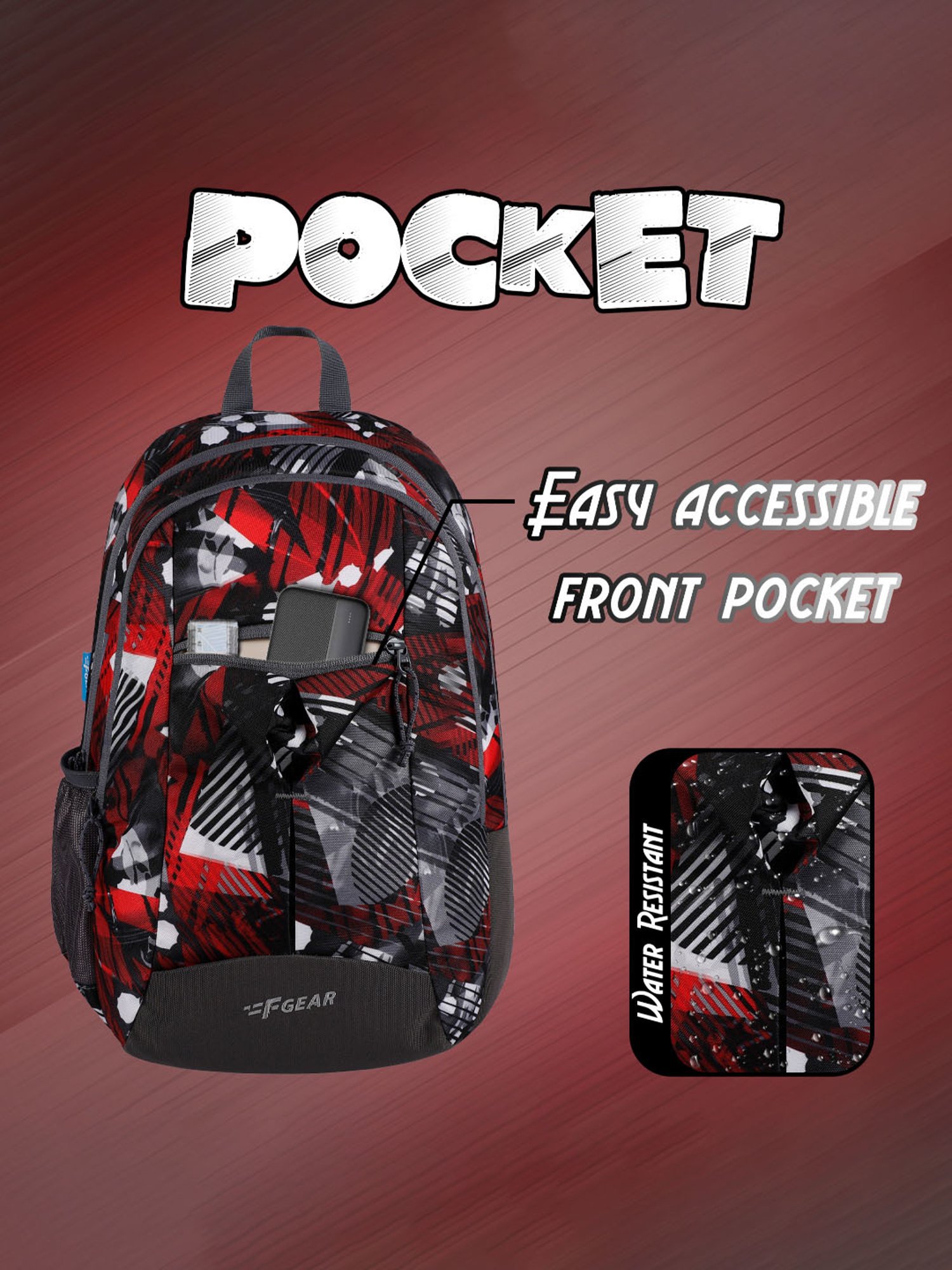 F Gear Ellis Geometric Black Red Printed Small Backpack