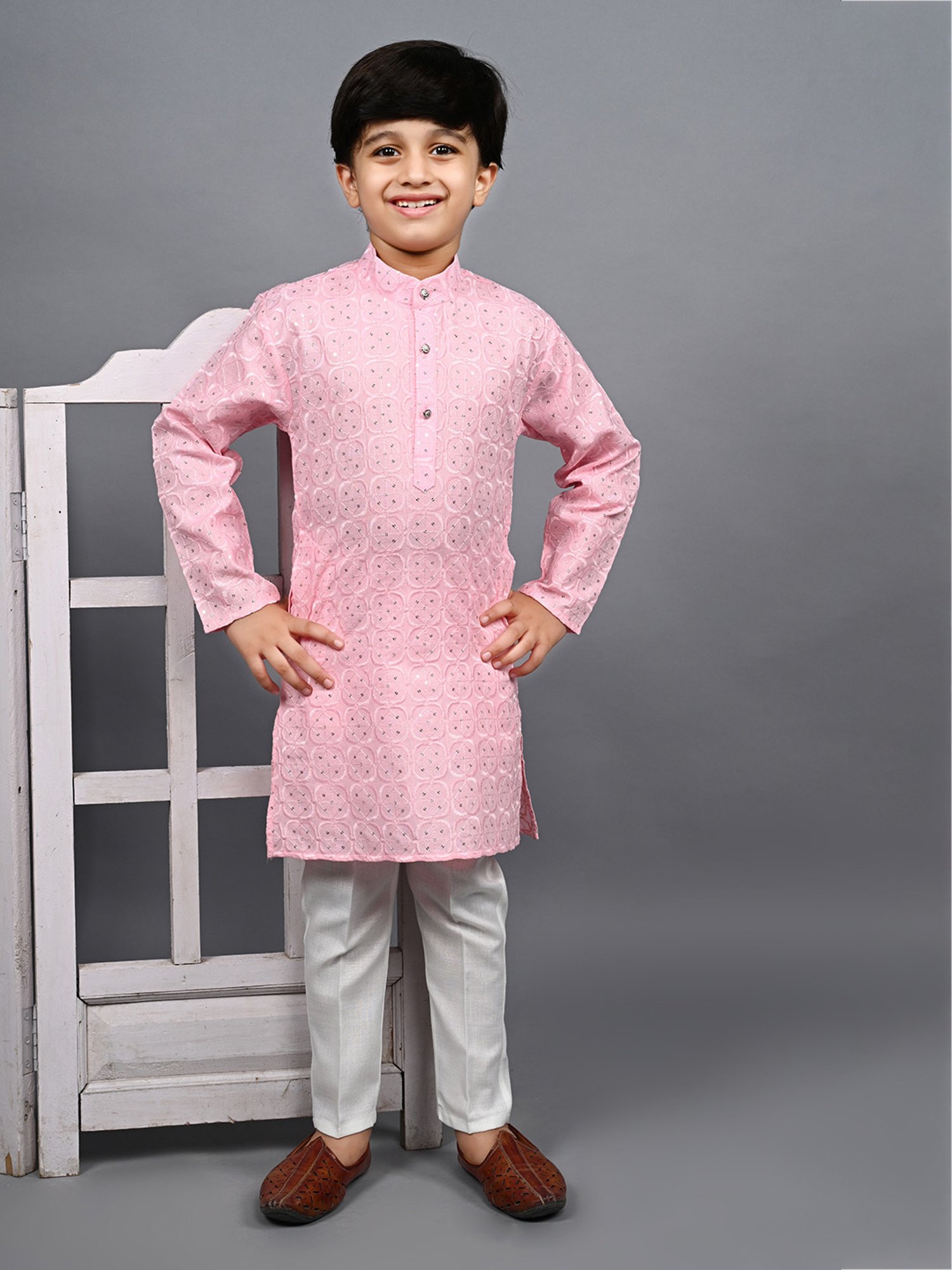 Ahhaaaa Kids Light Pink & White Embellished Full Sleeves Kurta With Pyjamas