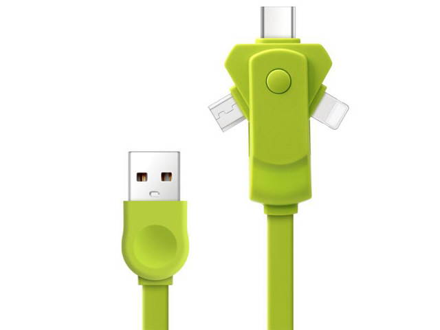 3in1 Rotation Adapter USB Charger Cable (Lightning/Micro USB/Type C USB3.1) for iPhone 7 6 5, Samsung, LG, XiaoMi, Huawei Android Phones and Tablets - Green