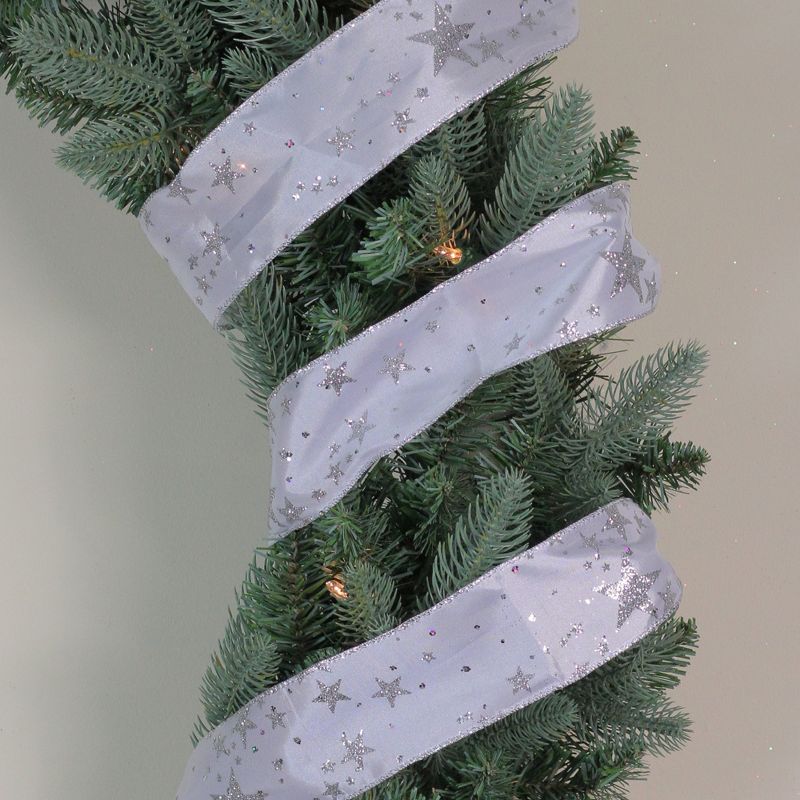 Northlight Shimmering White and Silver Stars Christmas Wired Craft Ribbon 2.5" x 16 Yards