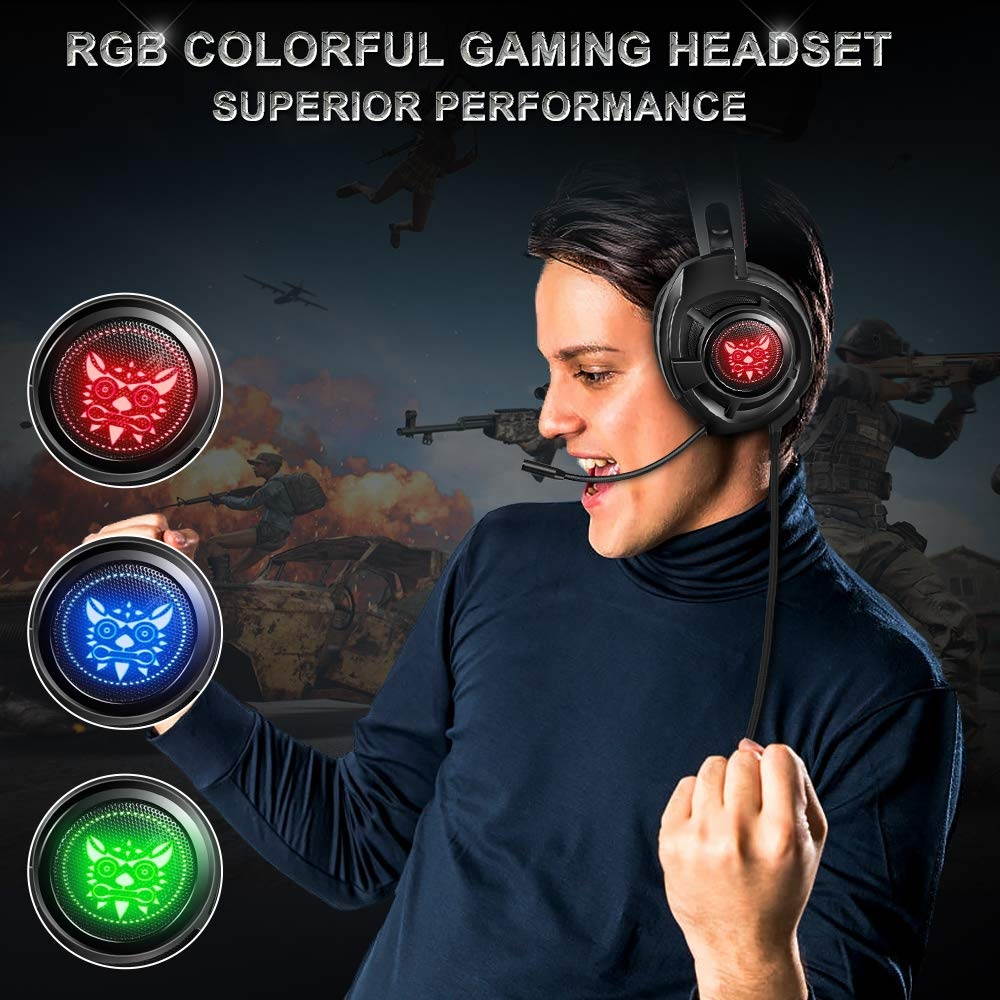 ONIKUMA M190 Pro RGB LED Light Over-Ear 7.1 Surround Sound Noise Cancelling Gaming Headset Microphone Bundle with Headphone Stand for PC, Xbox One, PS4, Nintendo Switch, Mac, Desktop, Laptop, Computer