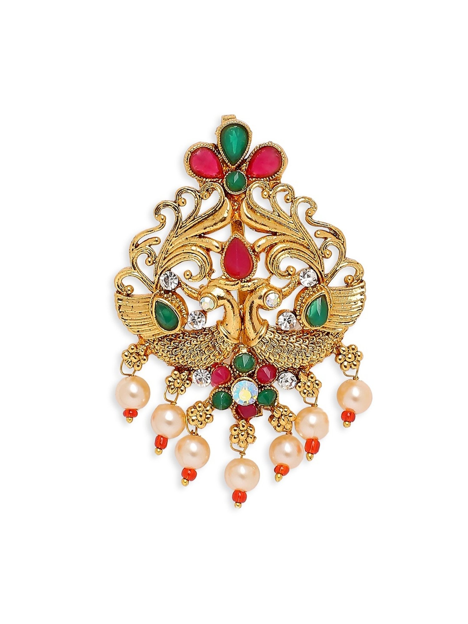 OOMPH Red Maroon & Green Stones Ethnic Peacock Design Hair Bun Pin Juda Pin