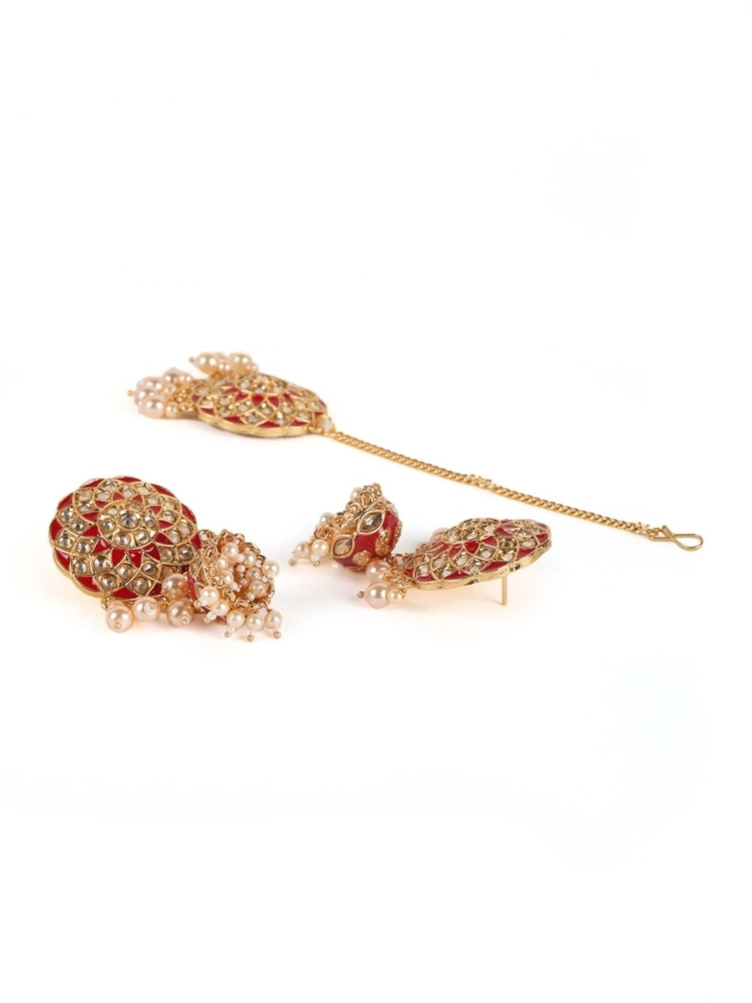 Aatmana Red & Cream Kundan Pearls Gold-Plated Necklace Set with MaangTikka for Women