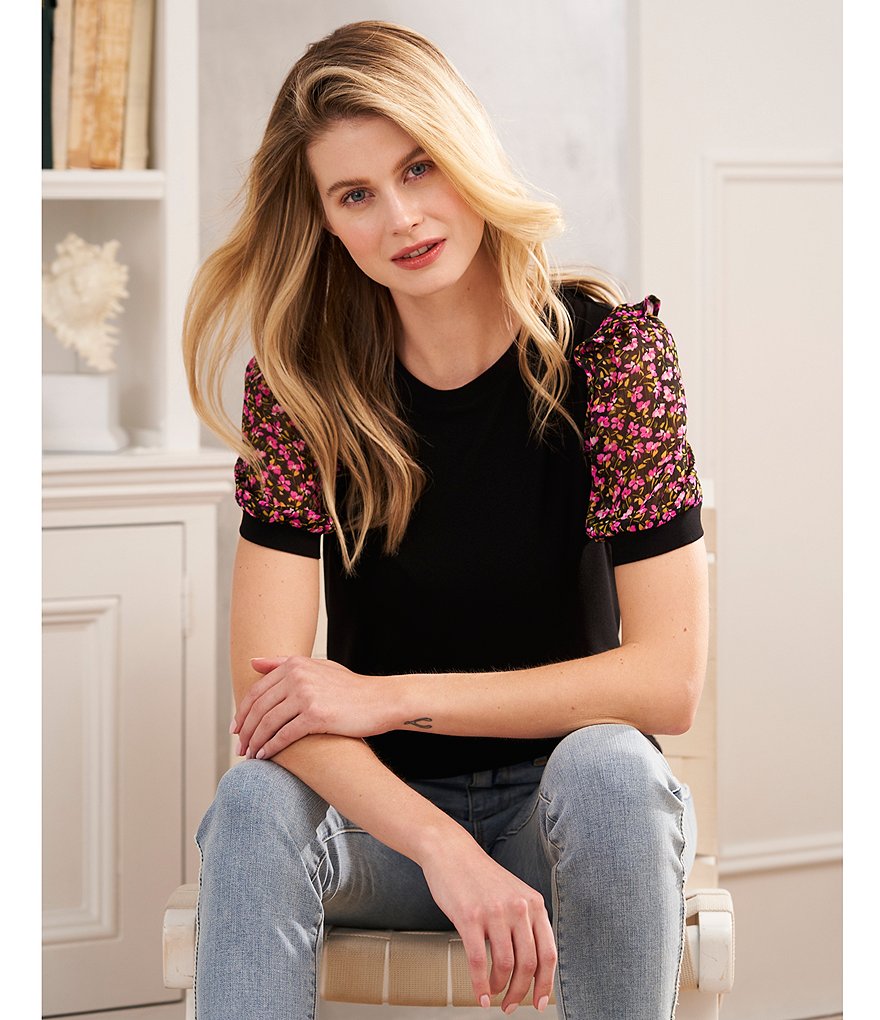 CeCe Ditsy Round Neck Floral Puff Sleeve Knit Top