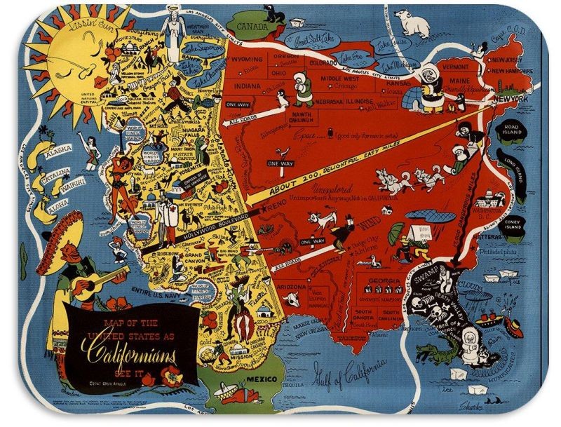 Trays4Us USA as Californians See It 1948 Vintage Map Birch Wood Veneer 16x12 inches (Large) TV/Serving Map Tray - 100+ Different Designs