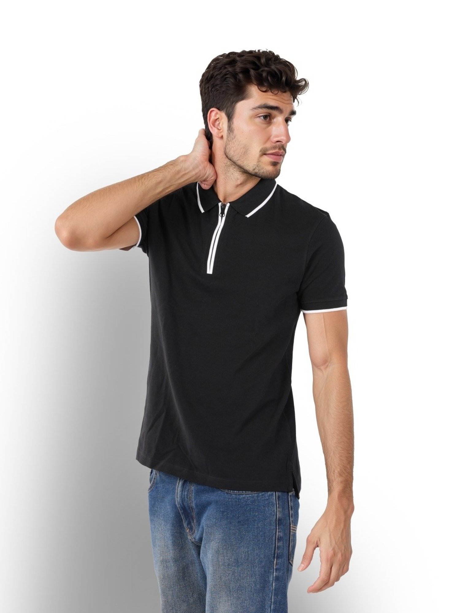 Celio* Black Cotton Regular Fit Polo T-Shirt