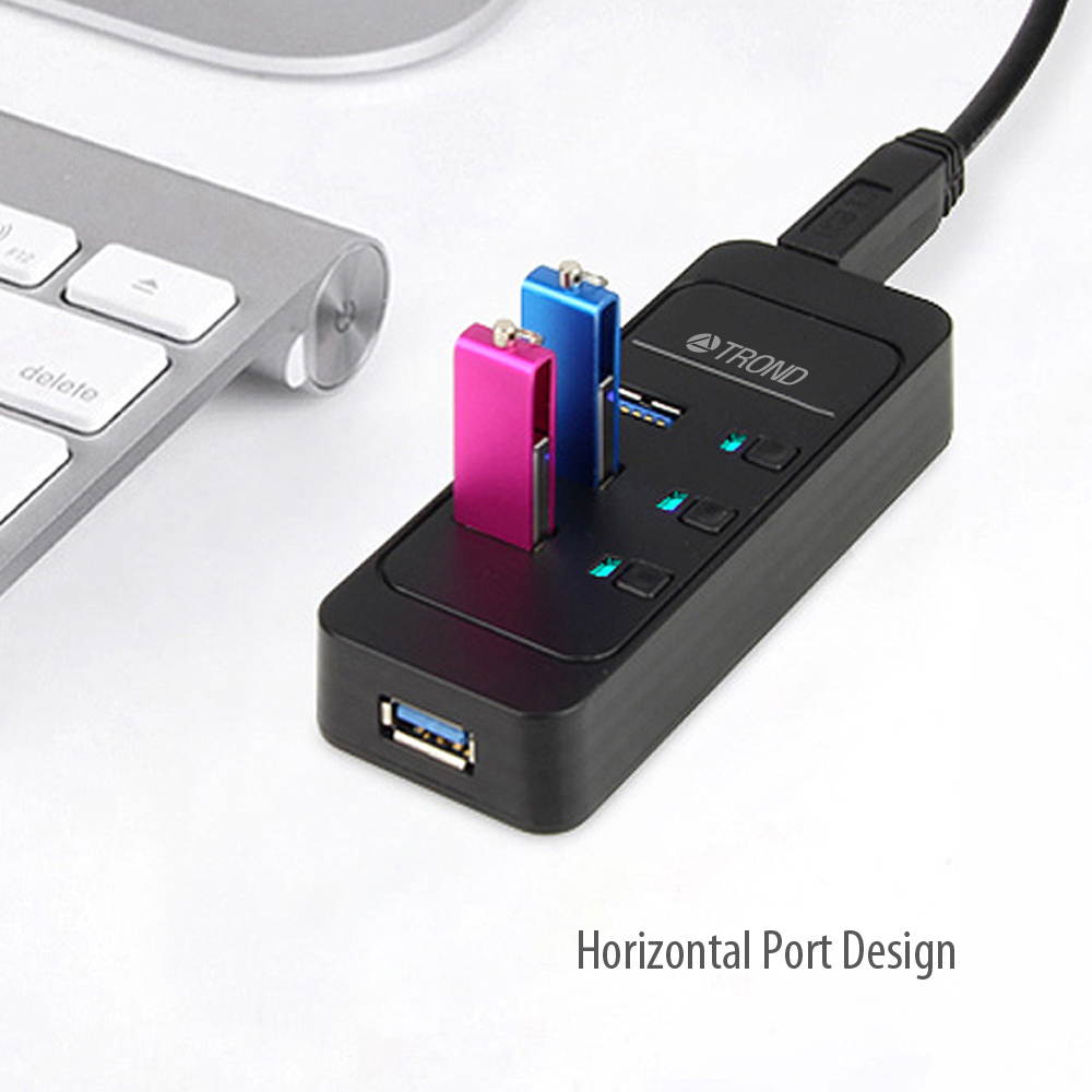 TROND D4 4-Port USB 3.0 Hub with Individual Power Switches, LED Indicators and 3.9 ft Detachable USB Cable