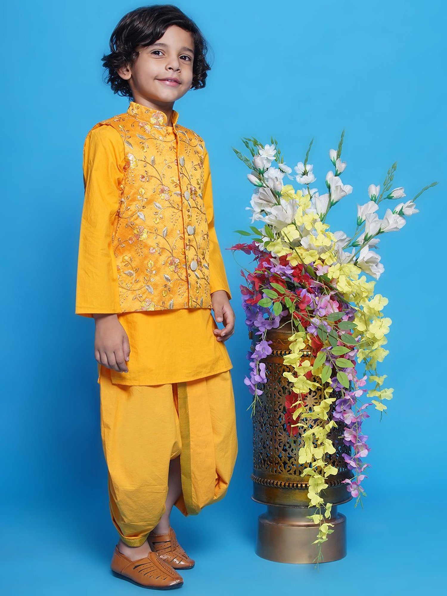 Little Bansi Boys Yellow Embroidered Full Sleeves Kurta, Dhoti with Jacket