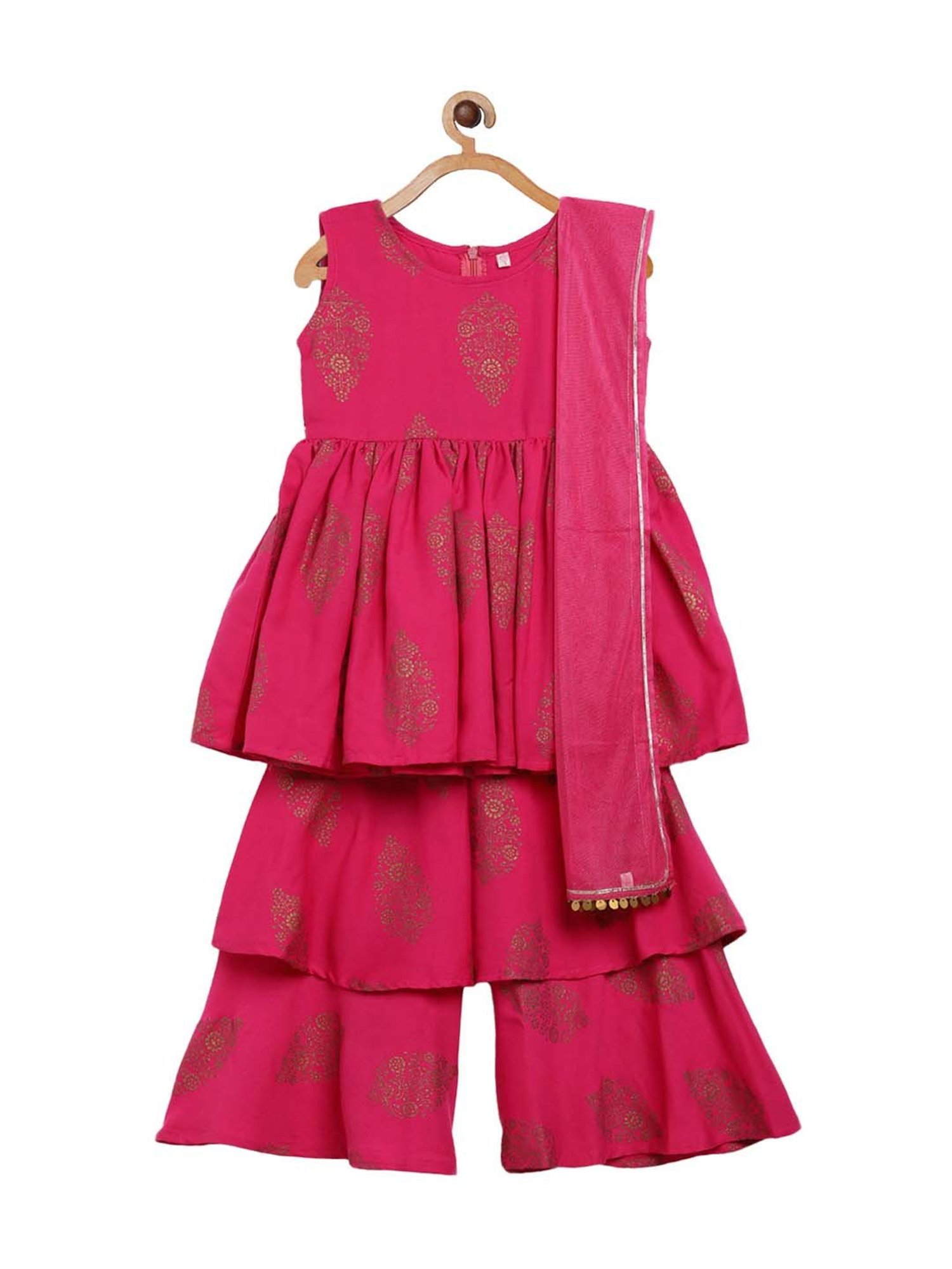 Ahalyaa Kids Pink Printed Kurta & Dupatta With Sharara