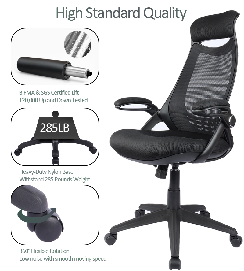 Big and Tall Office Chair Task Desk Chair Mesh Computer Chair Clearance with Headrest and Flip-up Arms, Ergonomic Swivel High-Back Executive Chair, Rocking, Height Adjustable(Black)