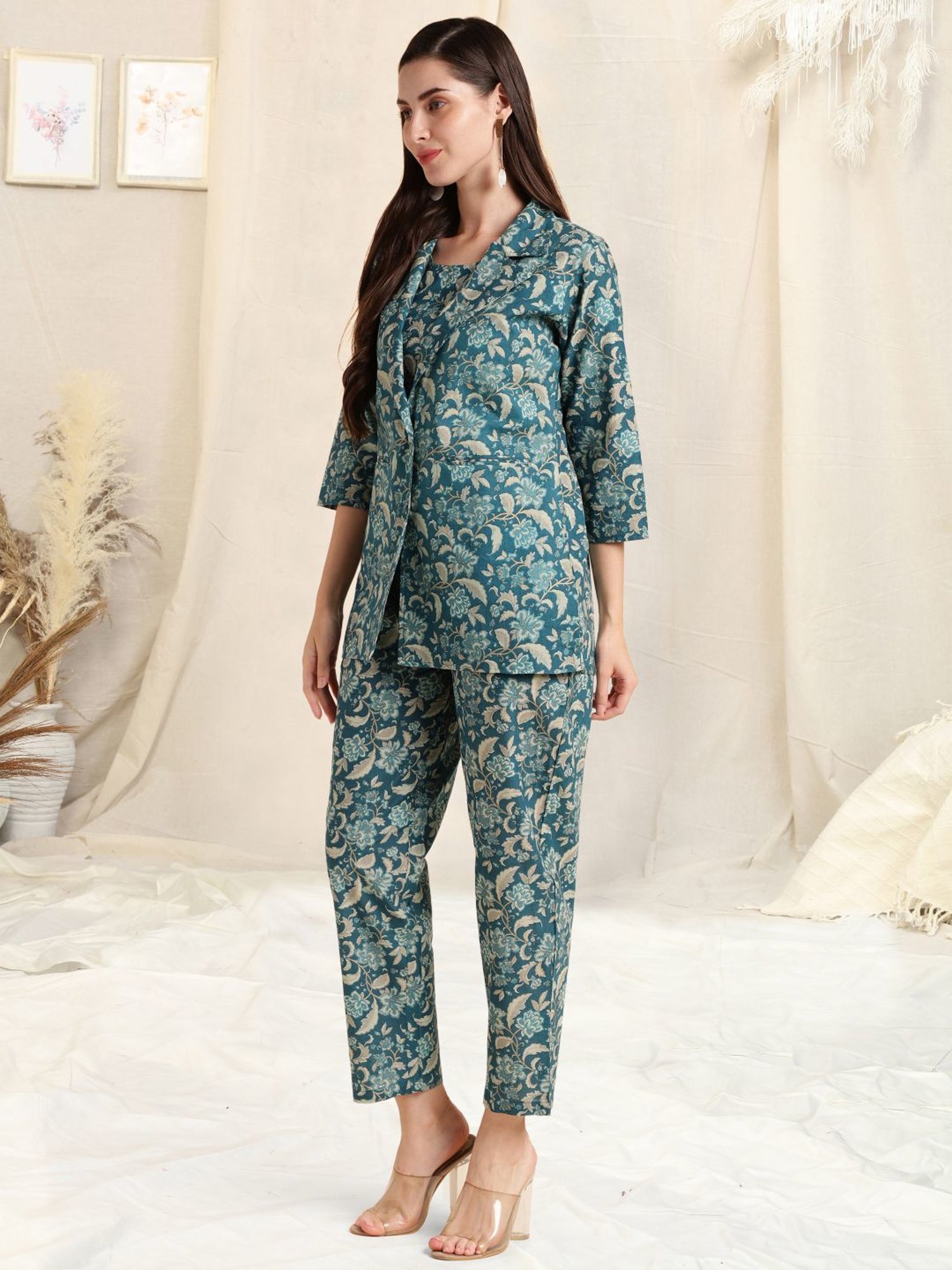 MIRCHI FASHION Teal Blue Cotton Printed Top Pant Set With Jacket