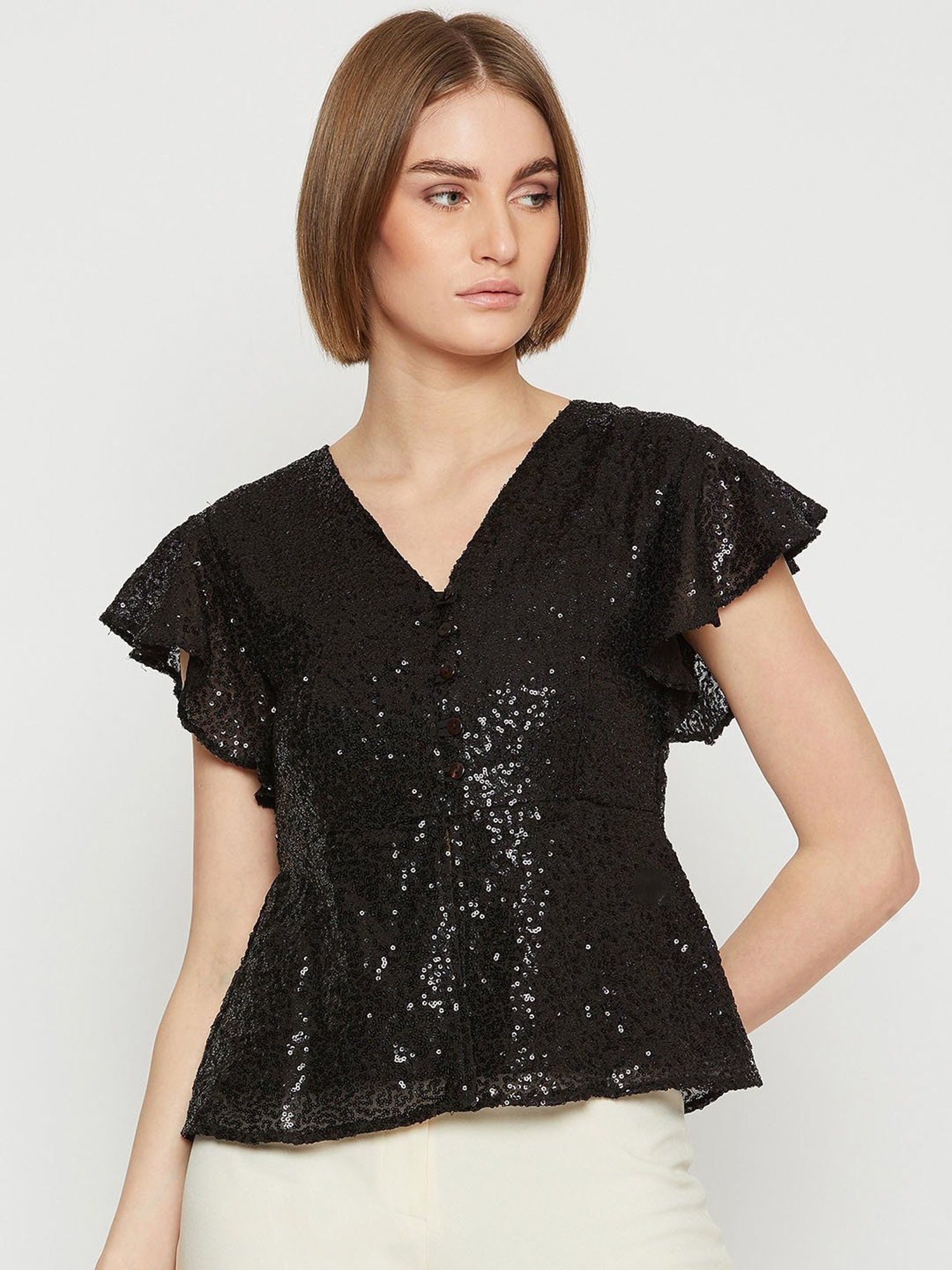 Marie Claire Black Embellished Peplum Top