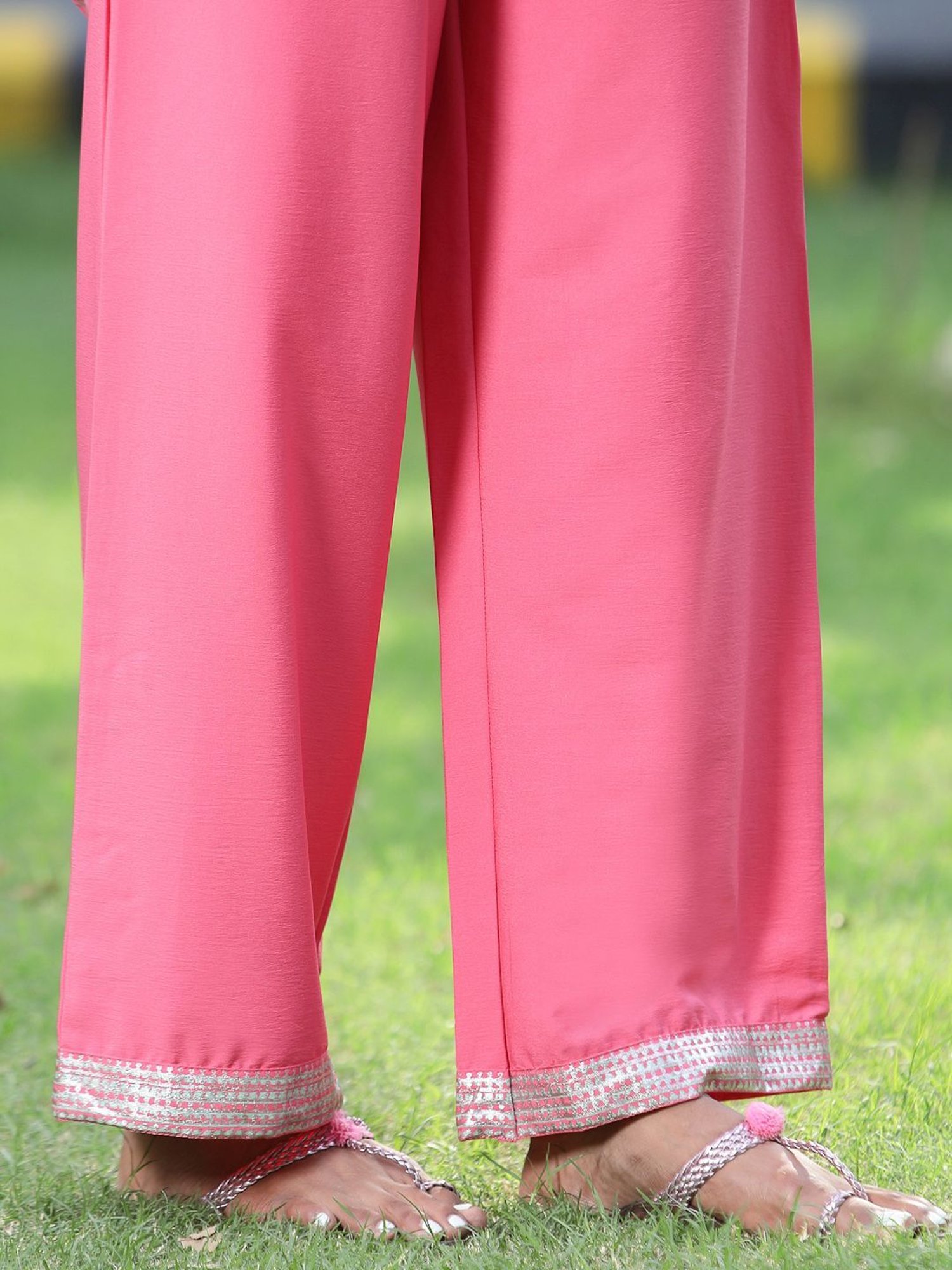 Juniper Coral Ethnic Motif Printed Georgette Anarkali Kurta & Palazzo Set With Buttons