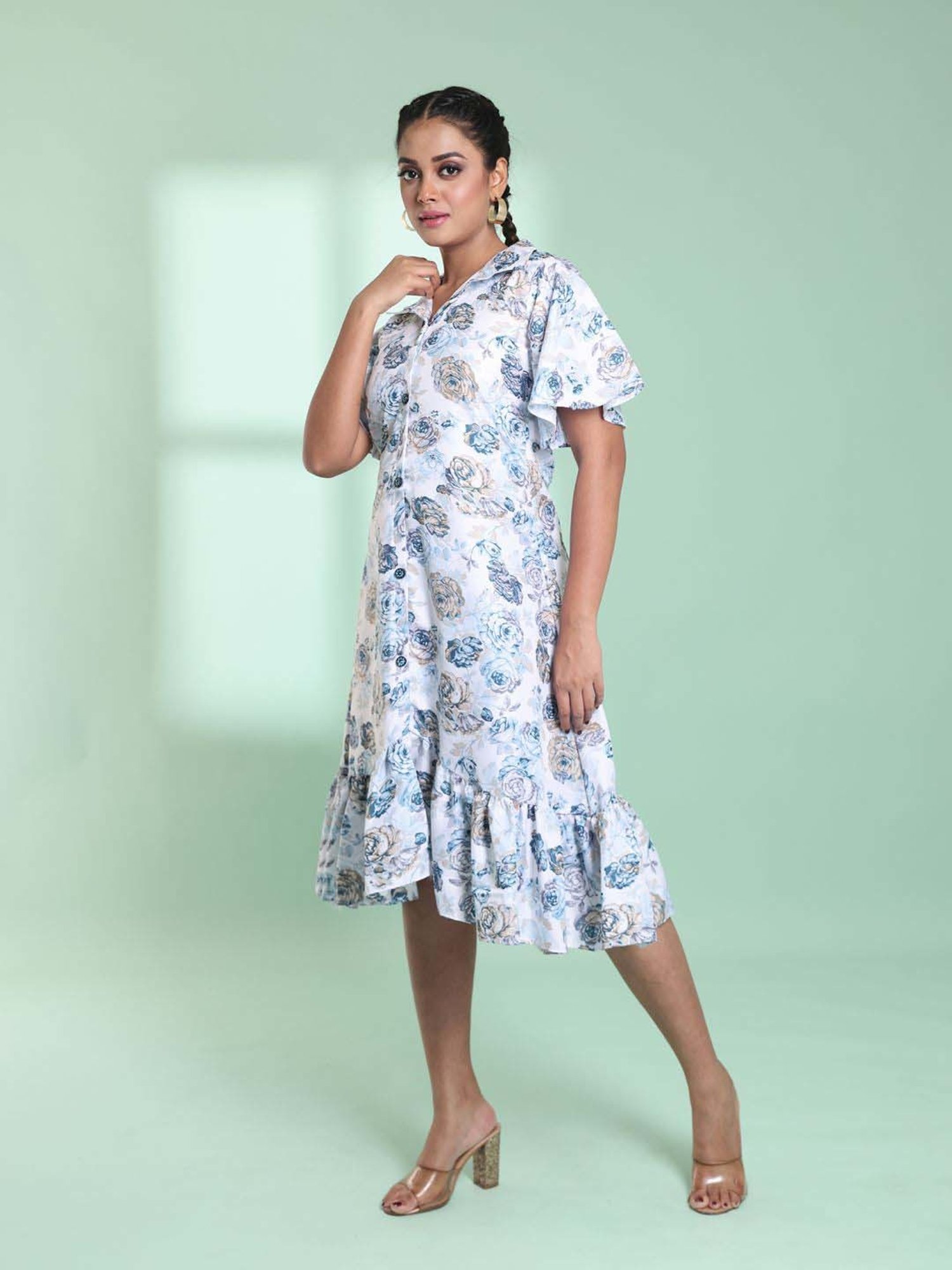 CHARUKRITI White & Blue Printed A-Line Dress