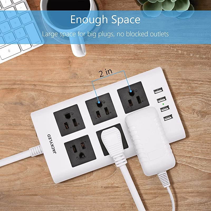 Flat Plug Power Strip 14AWG 15A Surge Protector  98ft Long Extension Cord 31A 4 USB Ports 6 Outlets Fast Charge Power Pack Fireproof Desktop Charger for iPhone Kindle Tablet Laptop PC White