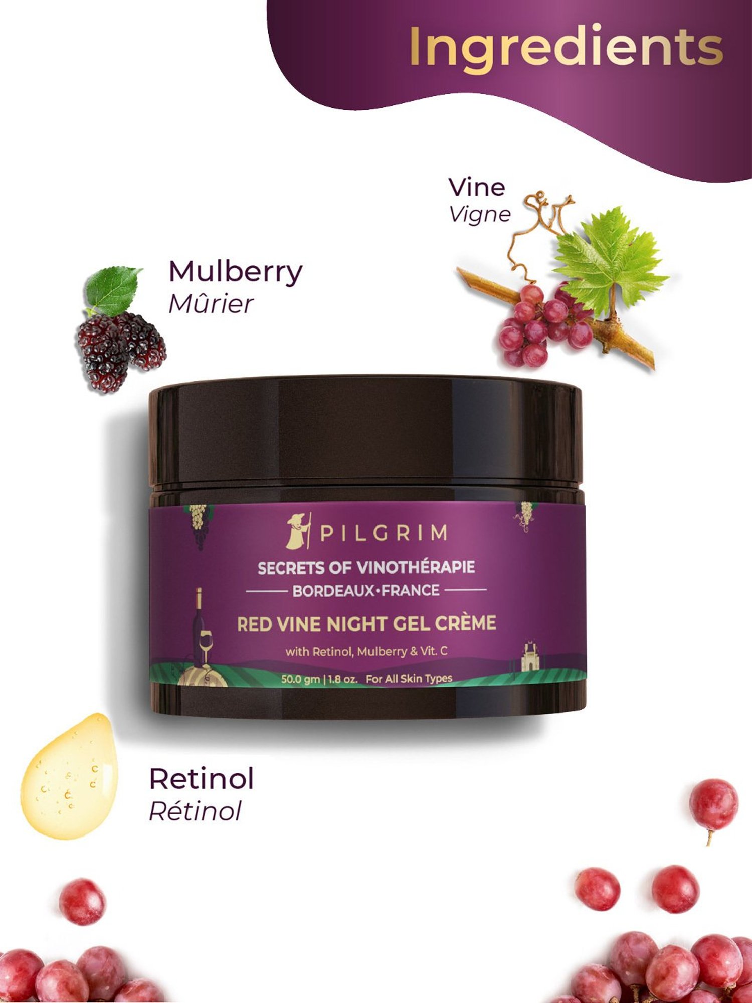 Pilgrim Red Vine Anti Aging Night Gel Cream with Retinol, Mulberry & Vitamin C - 50 gm