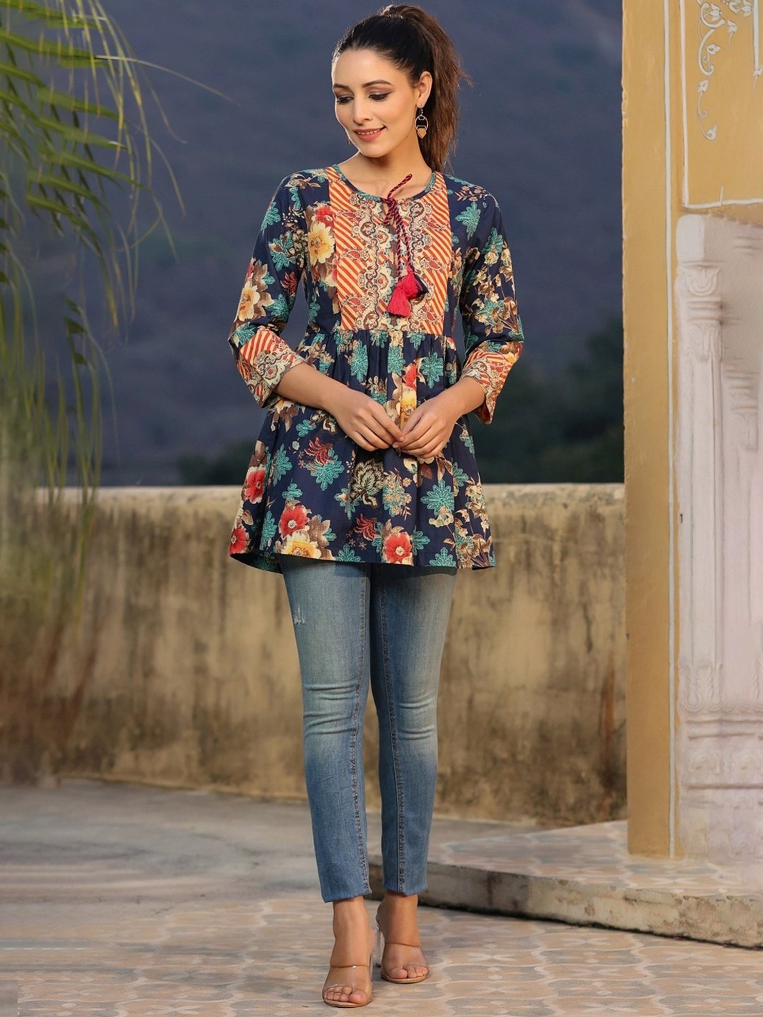 Rain and Rainbow Blue Cotton Printed Top