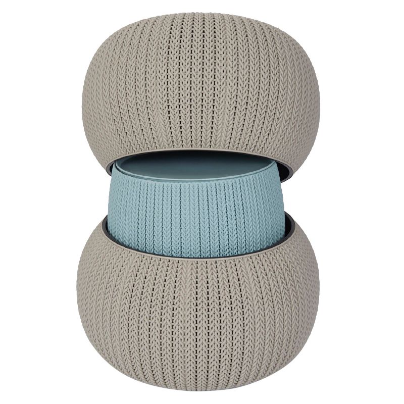 Urban Cozy Knit Outdoor Poufs and Table Balcony 3 Pc Set - Taupe/Blue - Keter