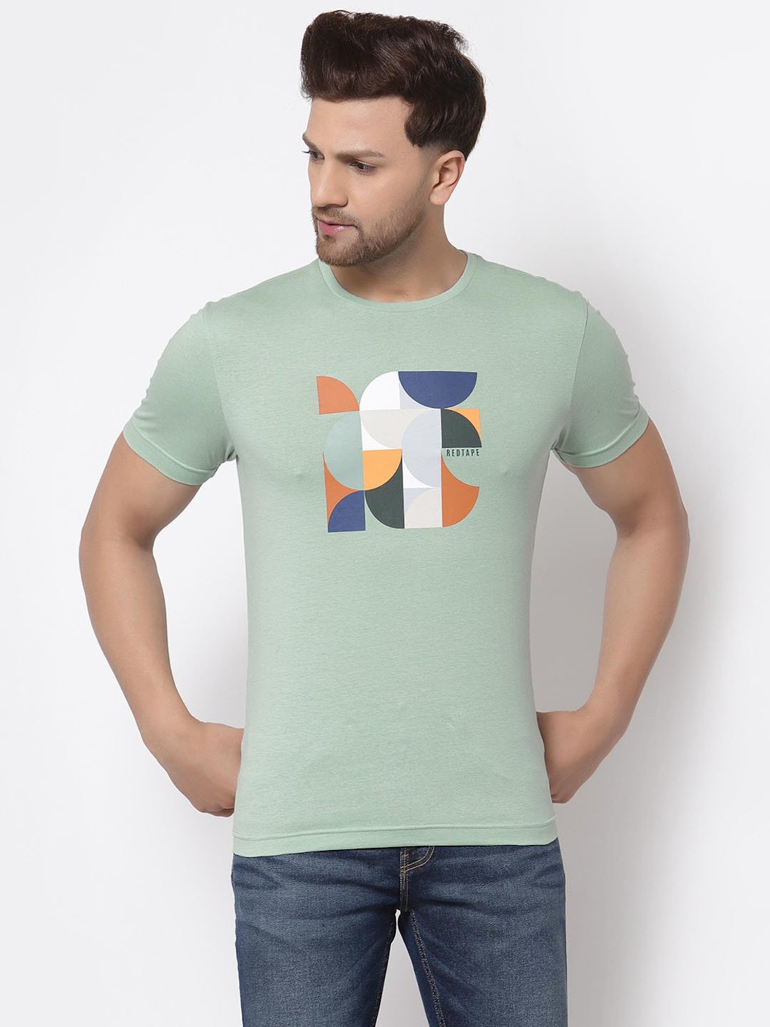 Red Tape Light Green Cotton Regular Fit Printed T-Shirt