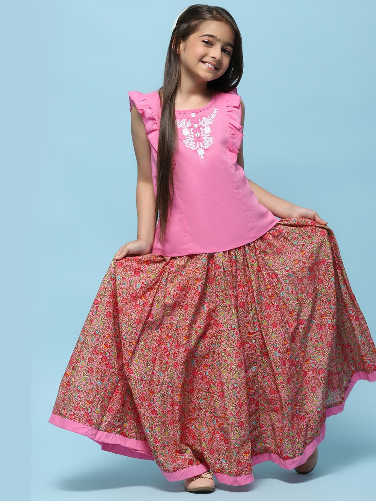 Biba Girls Pink Cotton Embroidered Casual Top and Tees