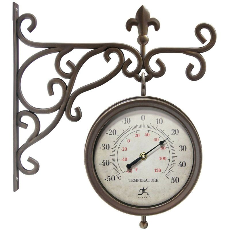 Infinity Instruments 20079AB-4430 Beauregard Decorative Outdoor Hanging Wall Clock and Thermometer Combo with Hanging Bracket, Antique/Vintage Copper