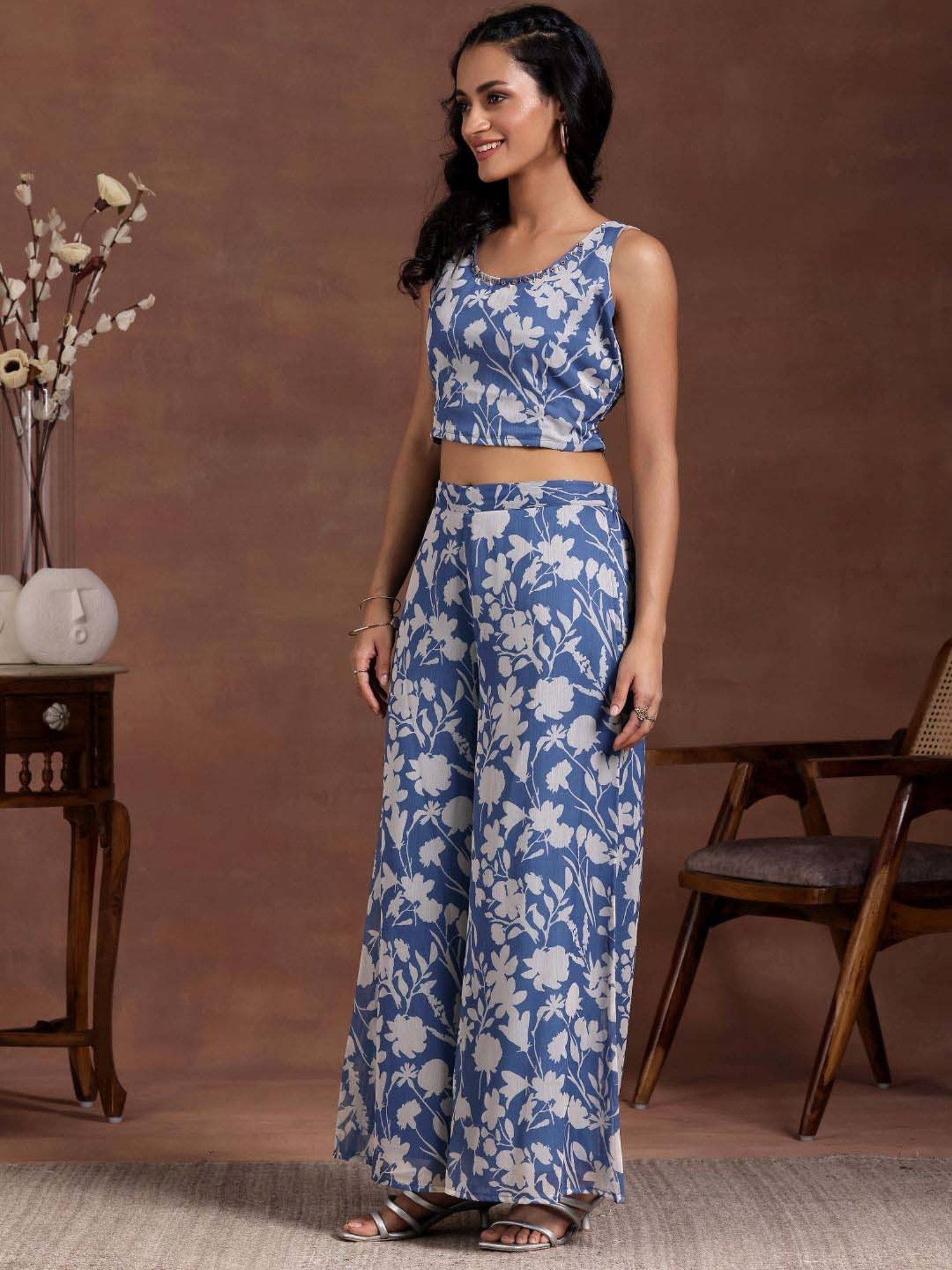 Libas Blue Printed Polyester Co-Ords With Shrug