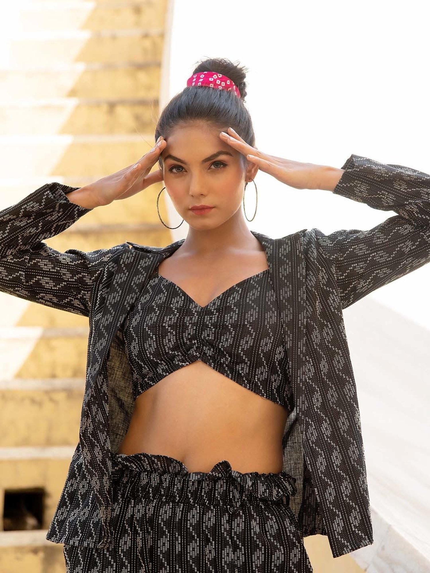 KAORI BY SHREYA AGARWAL Black Cotton Embroidered Crop Top & Pant Set With Blazer