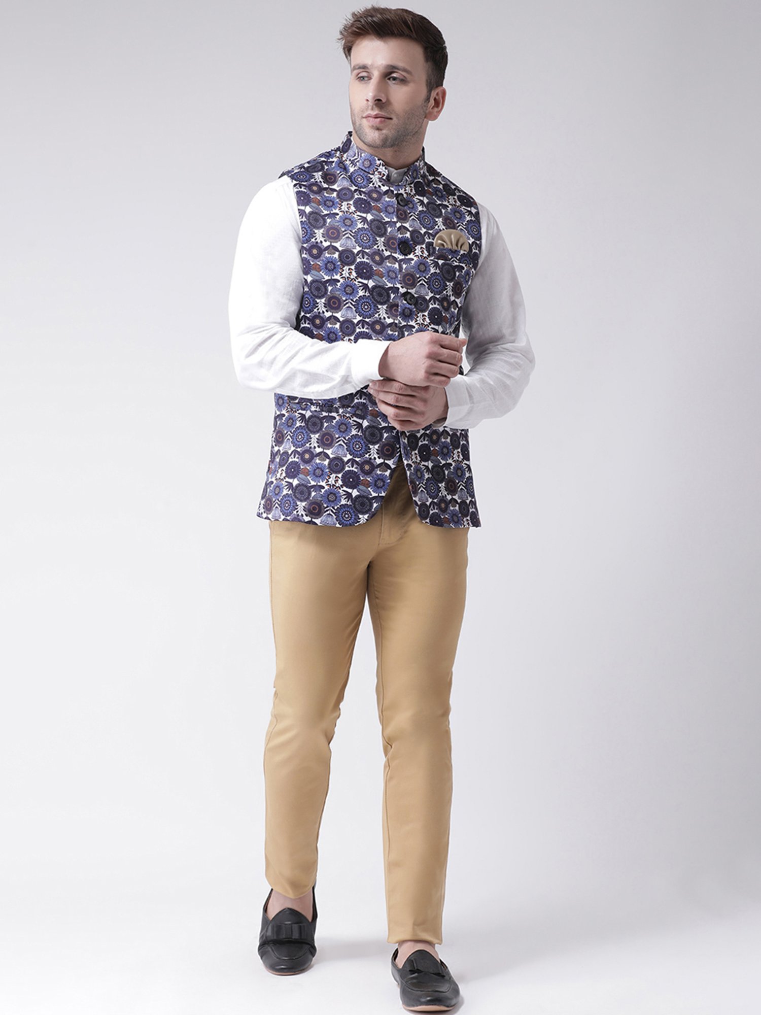 Hangup Plus White & Blue Regular Fit Floral Print Nehru Jacket