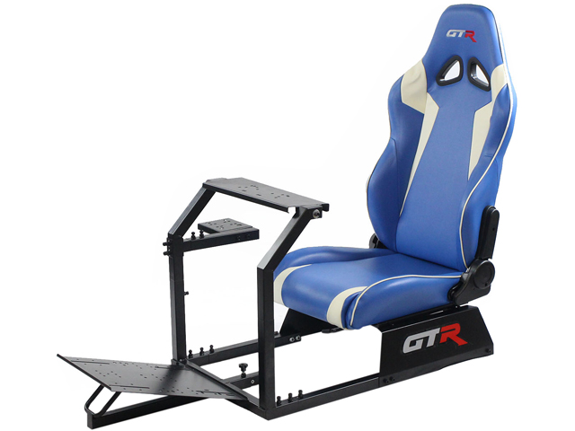 GTR Racing Simulator GTA-BLK-S105LBLWHT GTA Model Black Frame with Blue/White Real Racing Seat, Driving Simulator Cockpit Gaming Chair with Gear Shifter Mount
