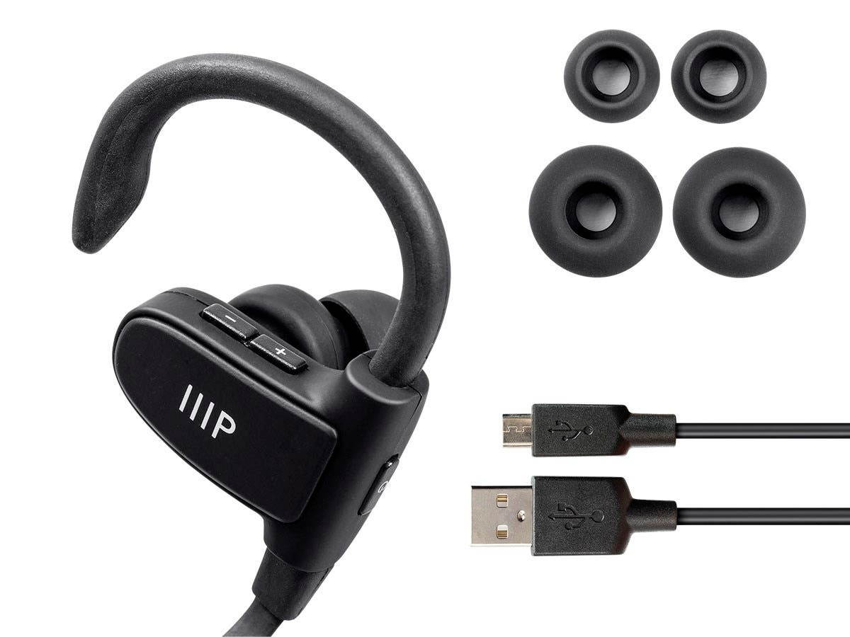 Monoprice Wireless Bluetooth Earphones - Black With Built-In Mic, Adjustable Ear Hooks, Waterproof, Sweatproof IPX7, CVC 6.0