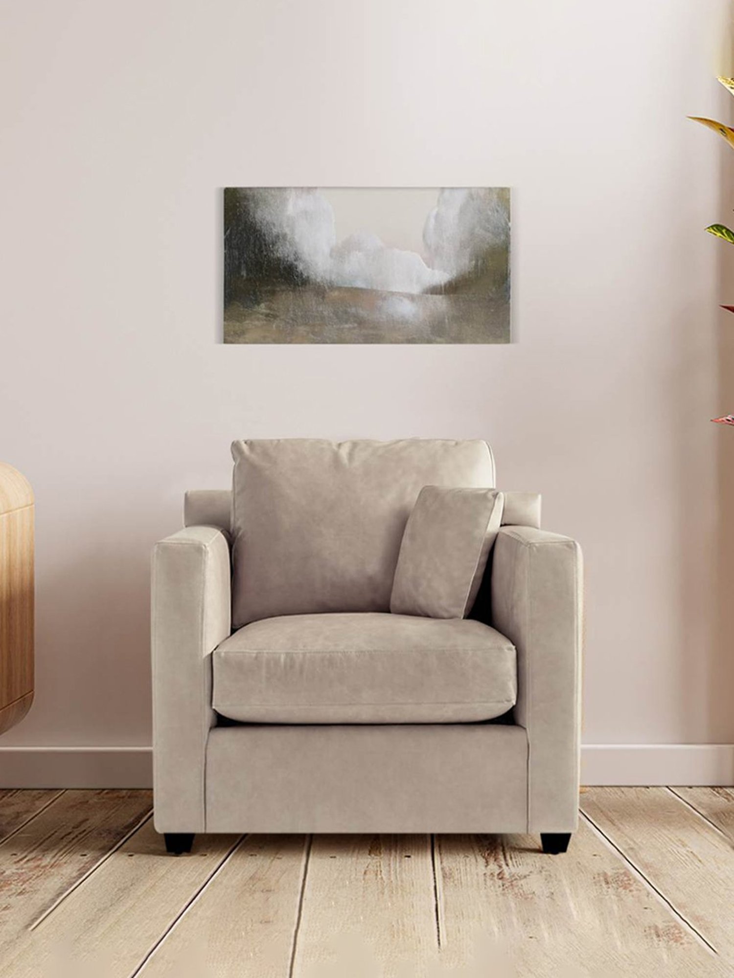 Trevi Olive Grey Leather & Neem Wood 1 Seater Sofa