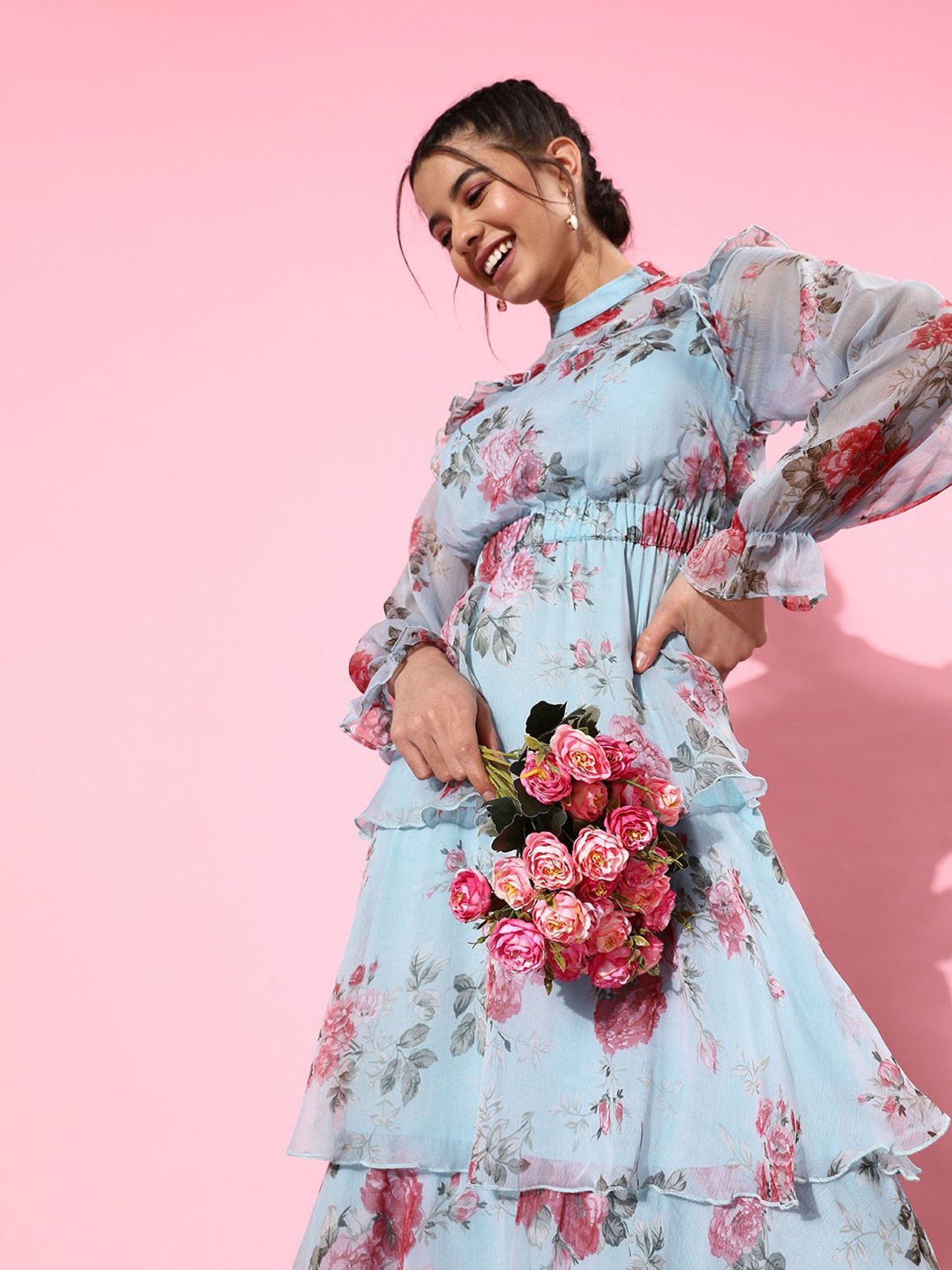 QUIERO Sky Blue Floral Print Fit & Flare Dress