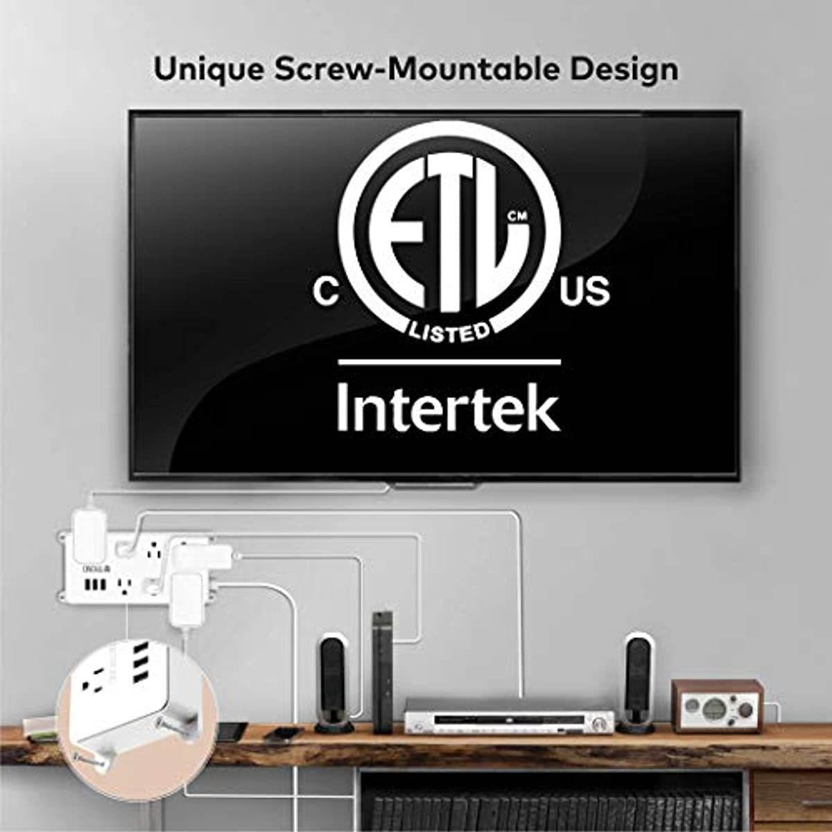 Power Strip Surge Protector, ETL Listed, TROND 7 Widely-Spaced Outlets Expansion with 3 USB Ports, Flat Plug, 1700 Joules, 5ft Extension Cord, Wall Mountable, White