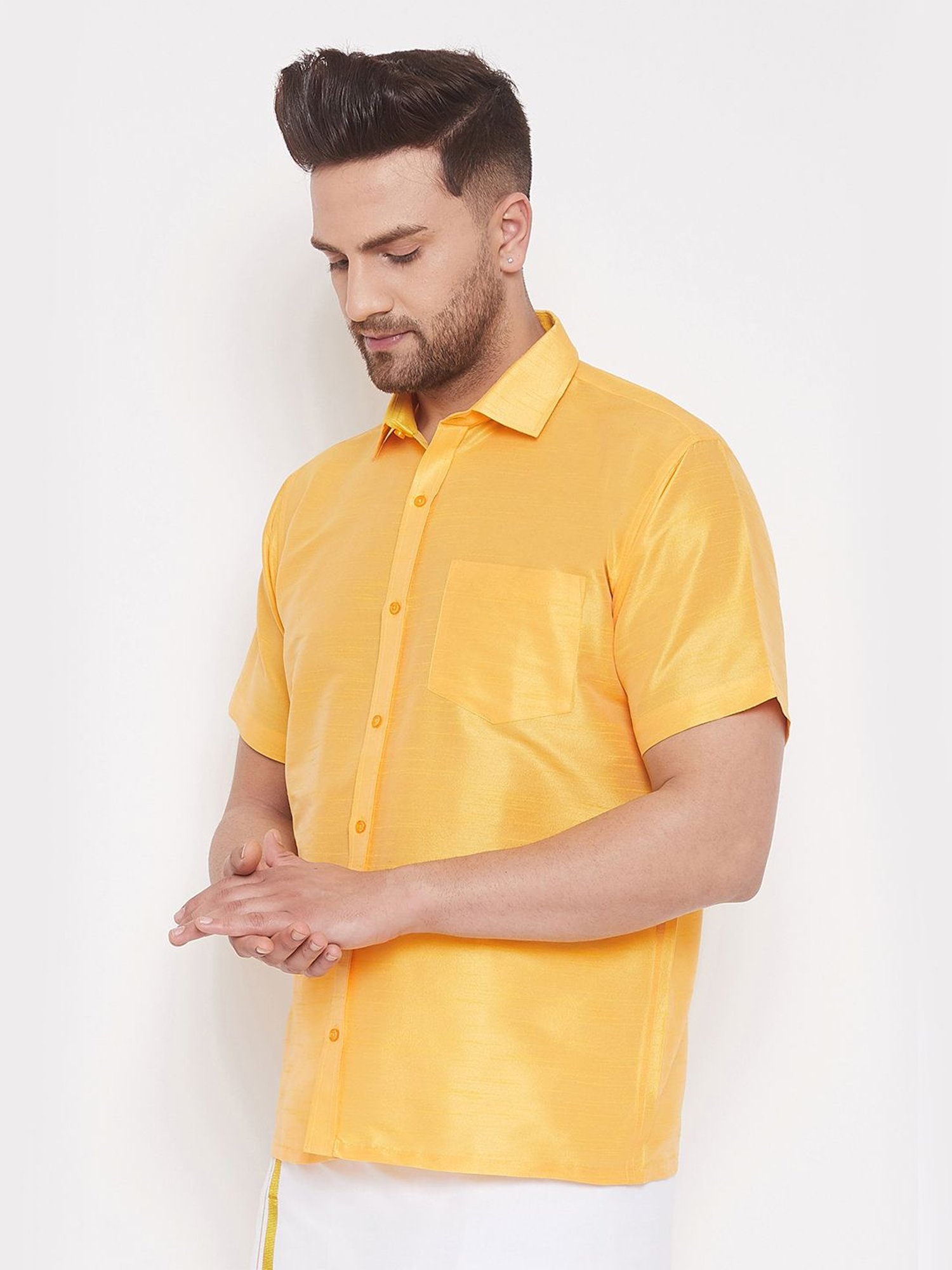 VASTRAMAY Yellow Straight Fit Self Pattern Shirt