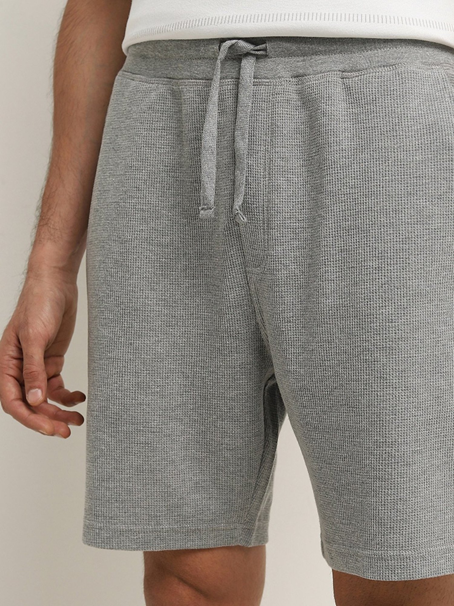 WES Lounge by Westside Grey Textured Relaxed-Fit Mid-Rise Shorts