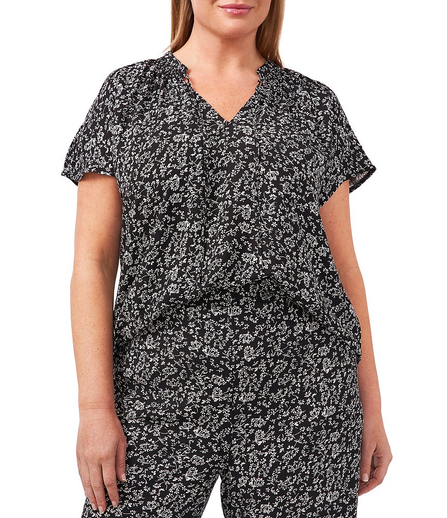 CeCe Plus Size Short Sleeve Ditsy Floral Tie Split V-Neck Top